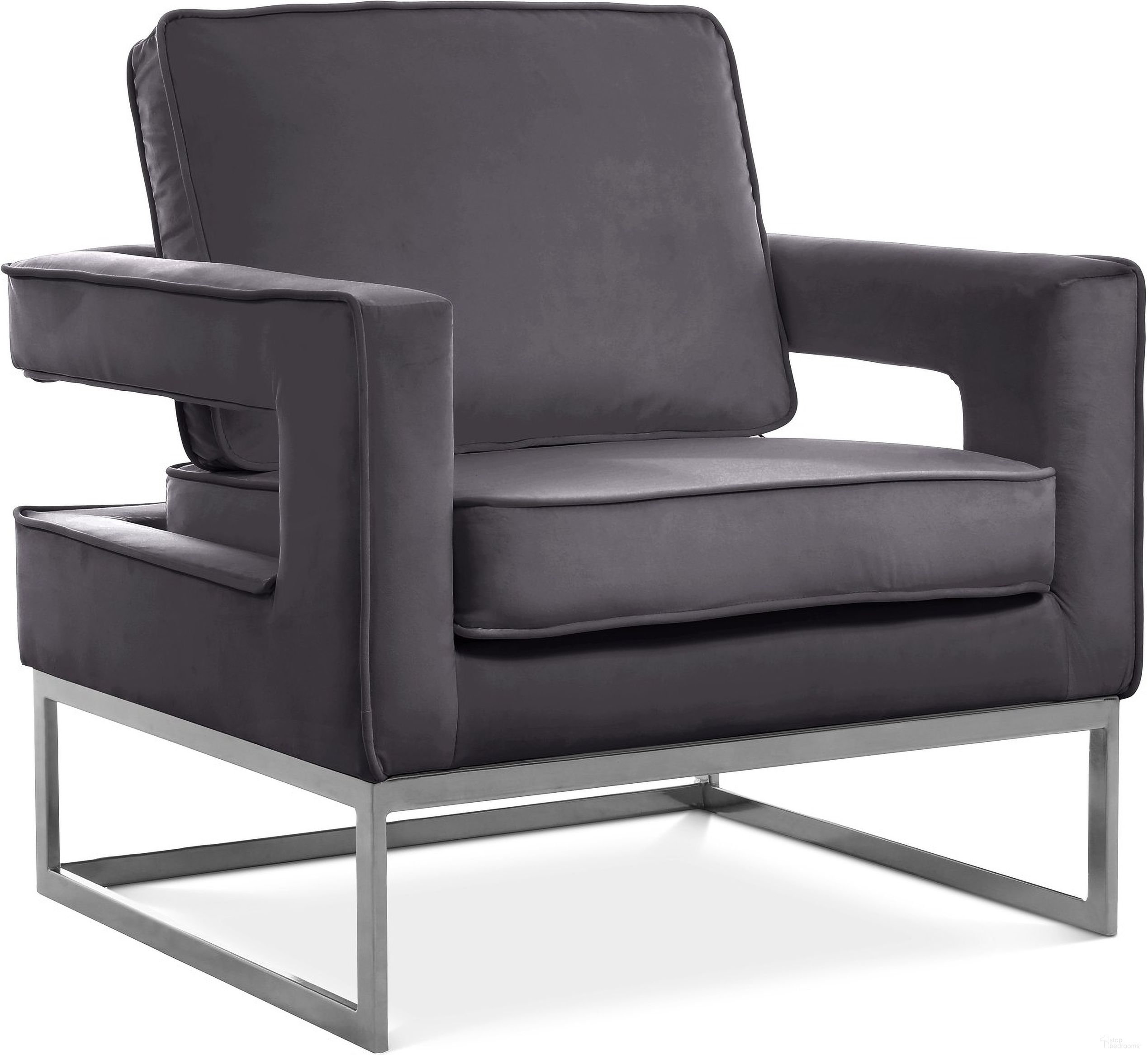 The appearance of Noah Velvet Accent Chair In Grey/Chrome designed by Meridian in the modern / contemporary interior design. This grey piece of furniture  was selected by 1StopBedrooms from Noah Collection to add a touch of cosiness and style into your home. Sku: 510Grey. Material: Velvet.