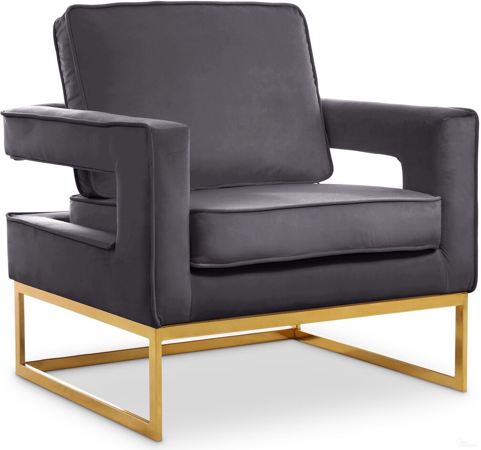 The appearance of Noah Velvet Accent Chair In Grey/Gold designed by Meridian in the modern / contemporary interior design. This grey piece of furniture was selected by 1StopBedrooms from Noah Collection to add a touch of cosiness and style into your home. Sku: 511Grey. Material: Velvet.