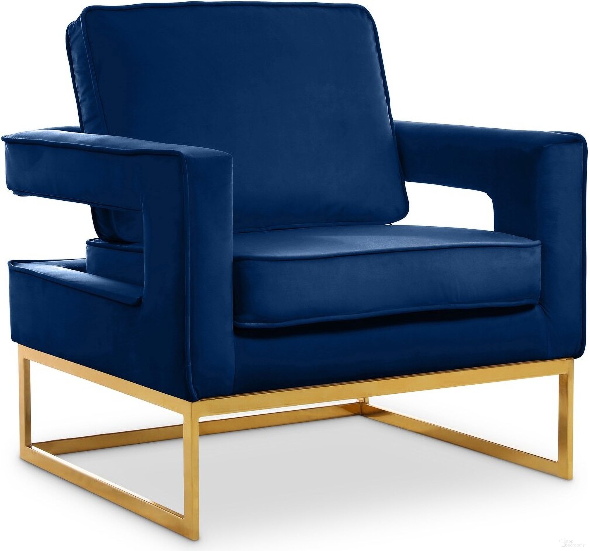 The appearance of Noah Velvet Accent Chair In Navy/Gold designed by Meridian in the modern / contemporary interior design. This navy piece of furniture  was selected by 1StopBedrooms from Noah Collection to add a touch of cosiness and style into your home. Sku: 511Navy. Material: Velvet.