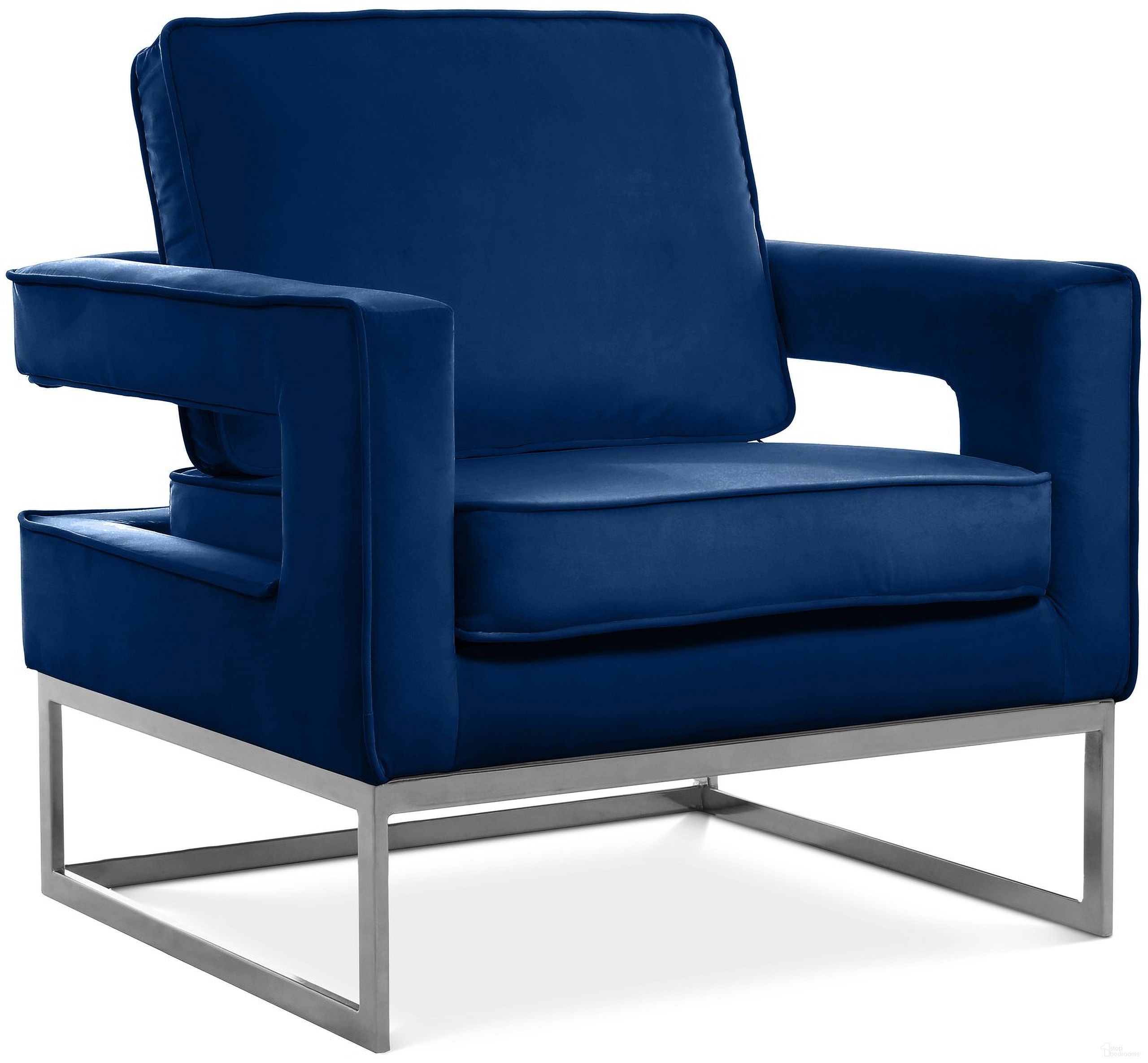 The appearance of Noah Velvet Accent Chair In Navy/Chrome designed by Meridian in the modern / contemporary interior design. This navy piece of furniture was selected by 1StopBedrooms from Noah Collection to add a touch of cosiness and style into your home. Sku: 510Navy. Material: Velvet.