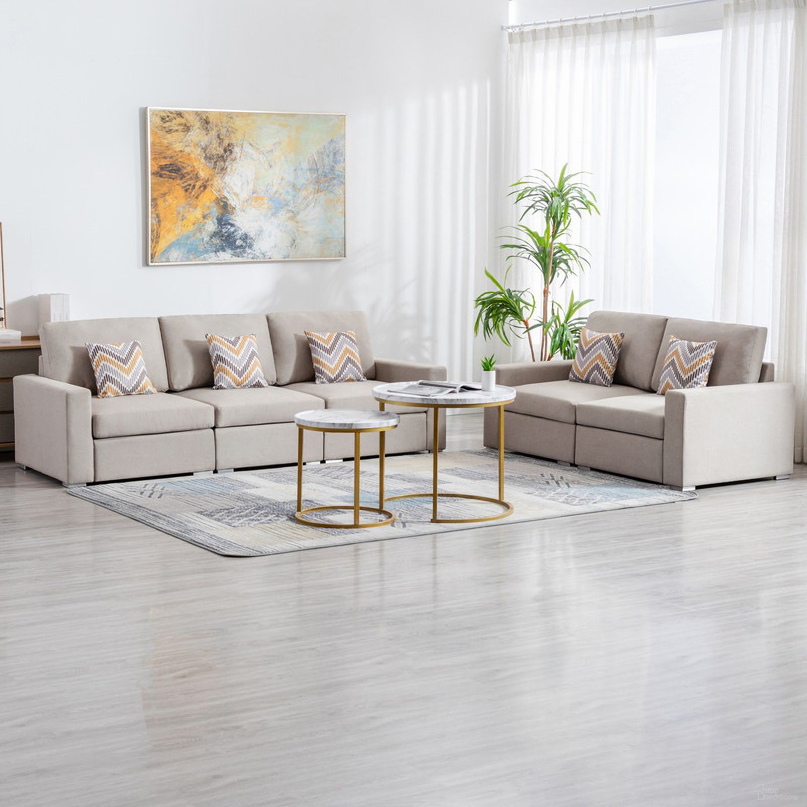 The appearance of Nolan Beige Linen Fabric Sofa And Loveseat Living Room Set With Pillows And Interchangeable Legs designed by Lilola Home in the modern / contemporary interior design. This beige piece of furniture was selected by 1StopBedrooms from Nolan Collection to add a touch of cosiness and style into your home. Sku: 89420-A;89420-A;89420-A;89420-A;89420-A;89420-ARM;89420-ARM. Material: Linen.