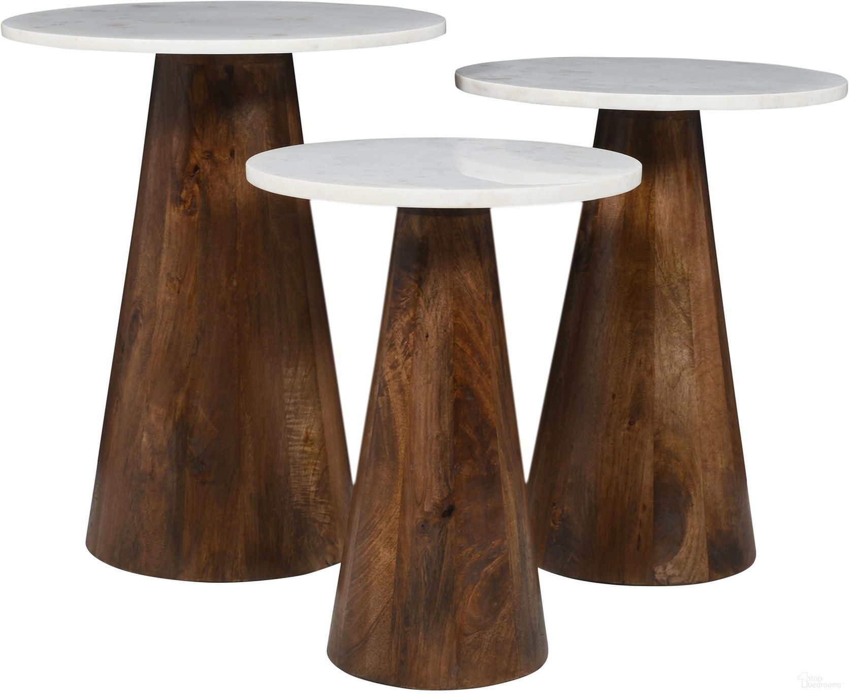 The appearance of Nolan Marble Top 3 Pack Solid Wood Accent Table Set In Chestnut designed by Jofran in the modern / contemporary interior design. This chestnut piece of furniture  was selected by 1StopBedrooms from Nolan Collection to add a touch of cosiness and style into your home. Sku: 2330-NOLANCHS. Material: Mango.