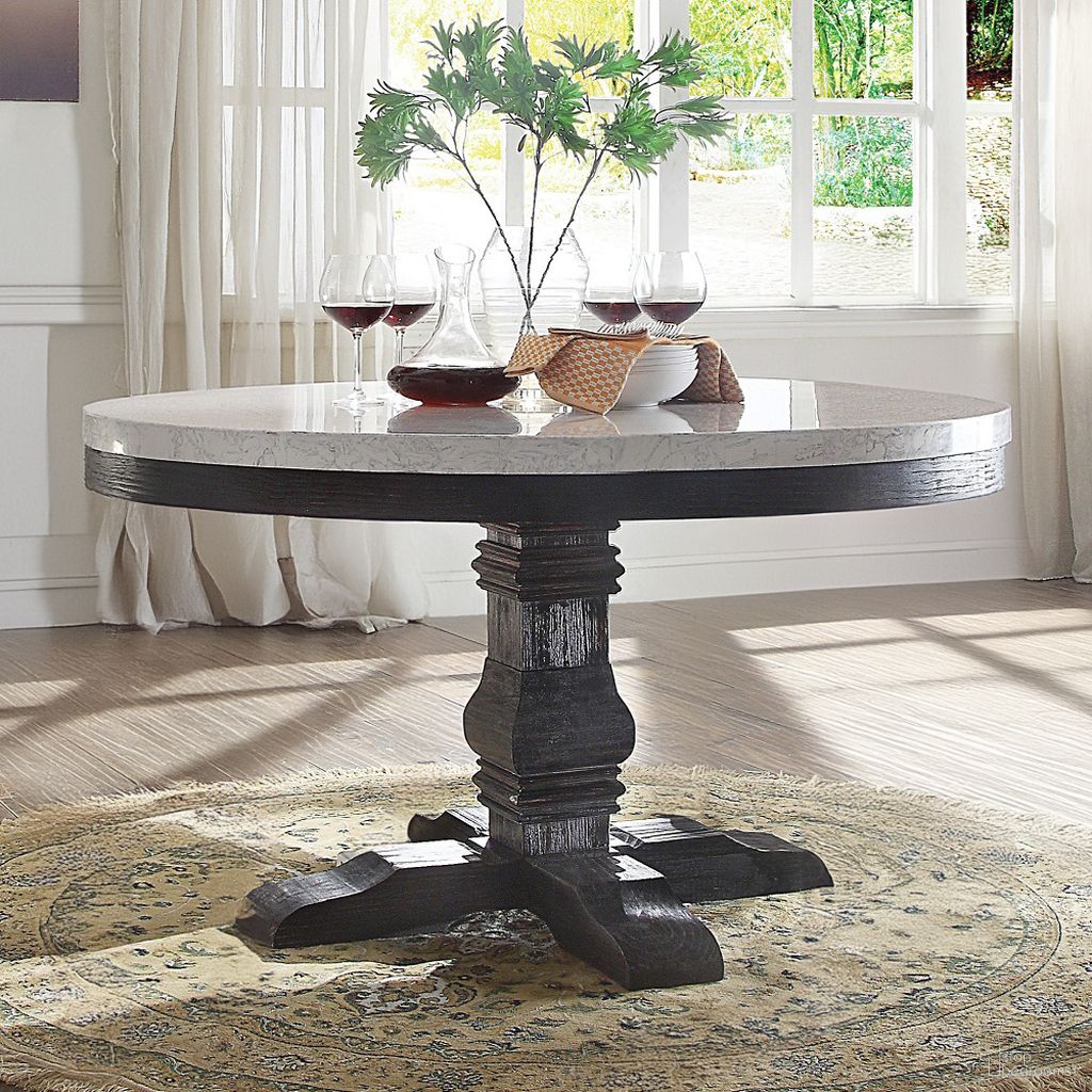 The appearance of Nolan White Marble and Salvage Dark Oak Pedestal Dining Table designed by ACME in the transitional interior design. This white piece of furniture  was selected by 1StopBedrooms from Nolan Collection to add a touch of cosiness and style into your home. Sku: 72845T;72846ST. Table Base Style: Pedestal. Table Top Shape: Round. Material: Stone. Size: 54".