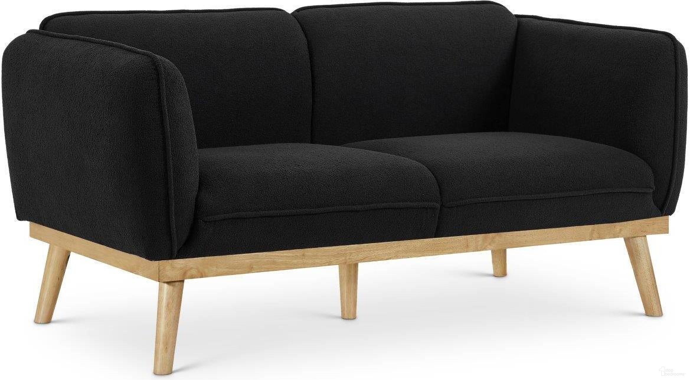 The appearance of Nolita Boucle Fabric Loveseat In Black designed by Meridian in the transitional interior design. This black piece of furniture was selected by 1StopBedrooms from Nolita Collection to add a touch of cosiness and style into your home. Sku: 159Black-L. Material: Boucle.