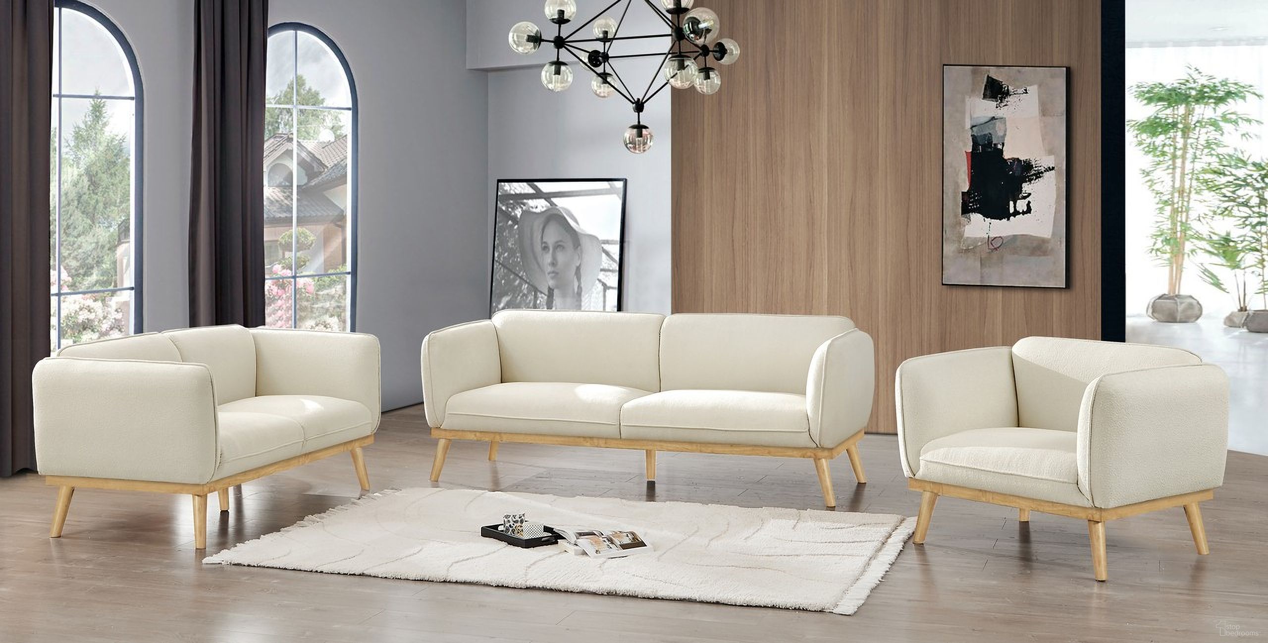 The appearance of Nolita Living Room Set In Cream designed by Meridian in the transitional interior design. This cream piece of furniture  was selected by 1StopBedrooms from Nolita Collection to add a touch of cosiness and style into your home. Sku: 159Cream-S;159Cream-L. Material: Boucle.