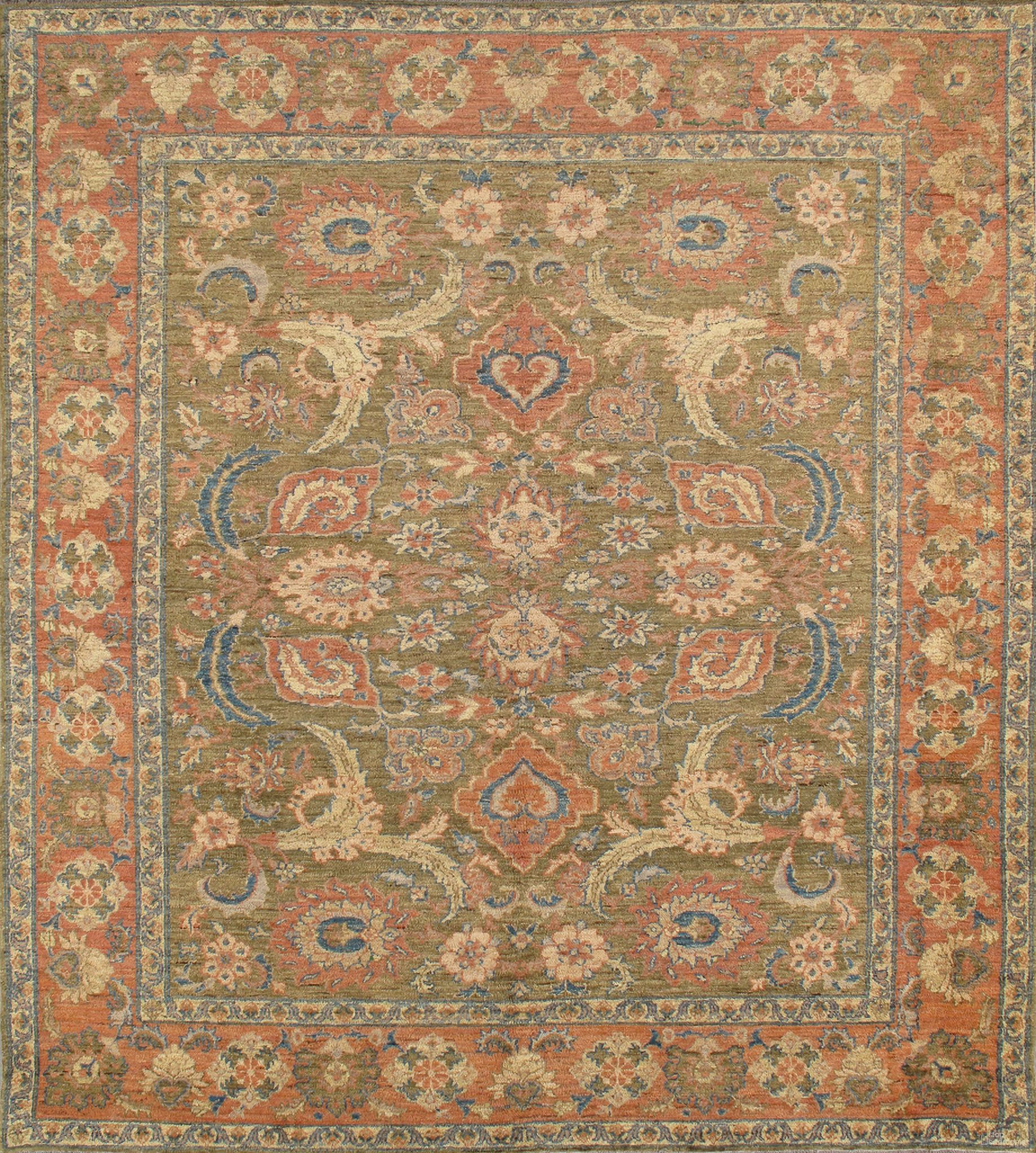 Nomad Art Collection Hand-Knotted Lamb's Wool Area Rug- 8'11" x 9'10" In Olive and Rose