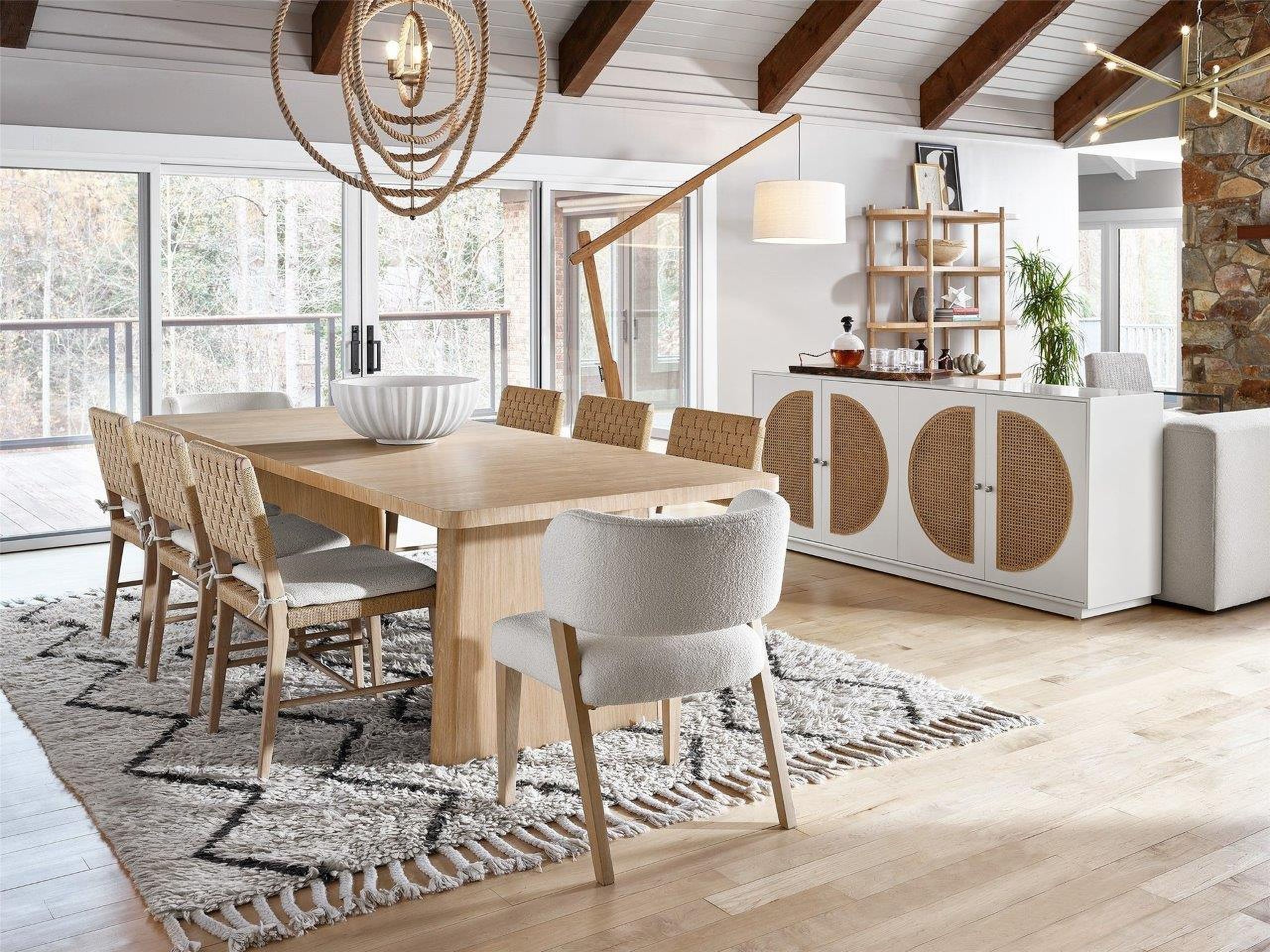 The appearance of Nomad Dining Room Set In Oak designed by Universal in the bohemian interior design. This oak piece of furniture was selected by 1StopBedrooms from Nomad Collection to add a touch of cosiness and style into your home. Sku: U181657;U181626P;U181626P. Table Base Style: Pedestal. Material: Wood. Size: 54".