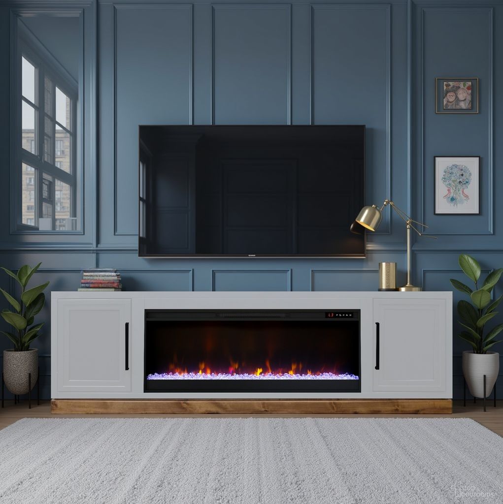 Nora 81 Inch Fireplace TV Stand with 42 Inch Electric Fireplace and Remote Control In White and Barnwood