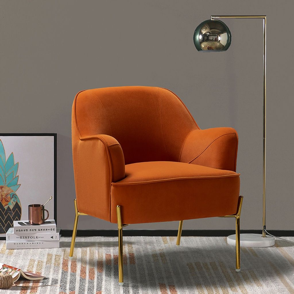 The appearance of Nora Accent Chair In Orange designed by Karat Home in the modern / contemporary interior design. This orange piece of furniture was selected by 1StopBedrooms from Nora Collection to add a touch of cosiness and style into your home. Sku: CHM6154A-ORANGE. Material: Velvet.