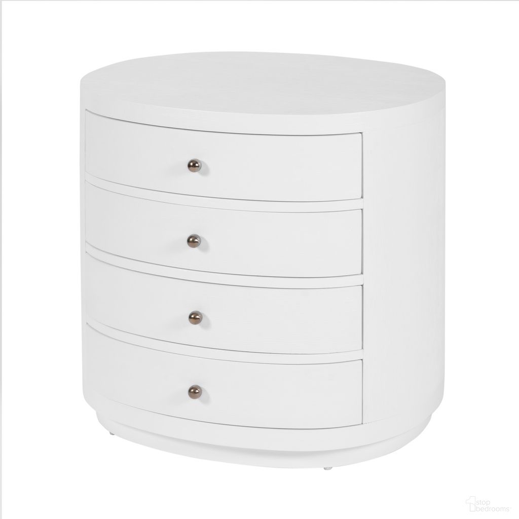 The appearance of Nora Oval Wood 4 Drawer Nightstand In Textured White designed by Butler Specialty Company in the traditional interior design. This textured white piece of furniture  was selected by 1StopBedrooms from Nora Collection to add a touch of cosiness and style into your home. Sku: 6316477. Material: MDF.