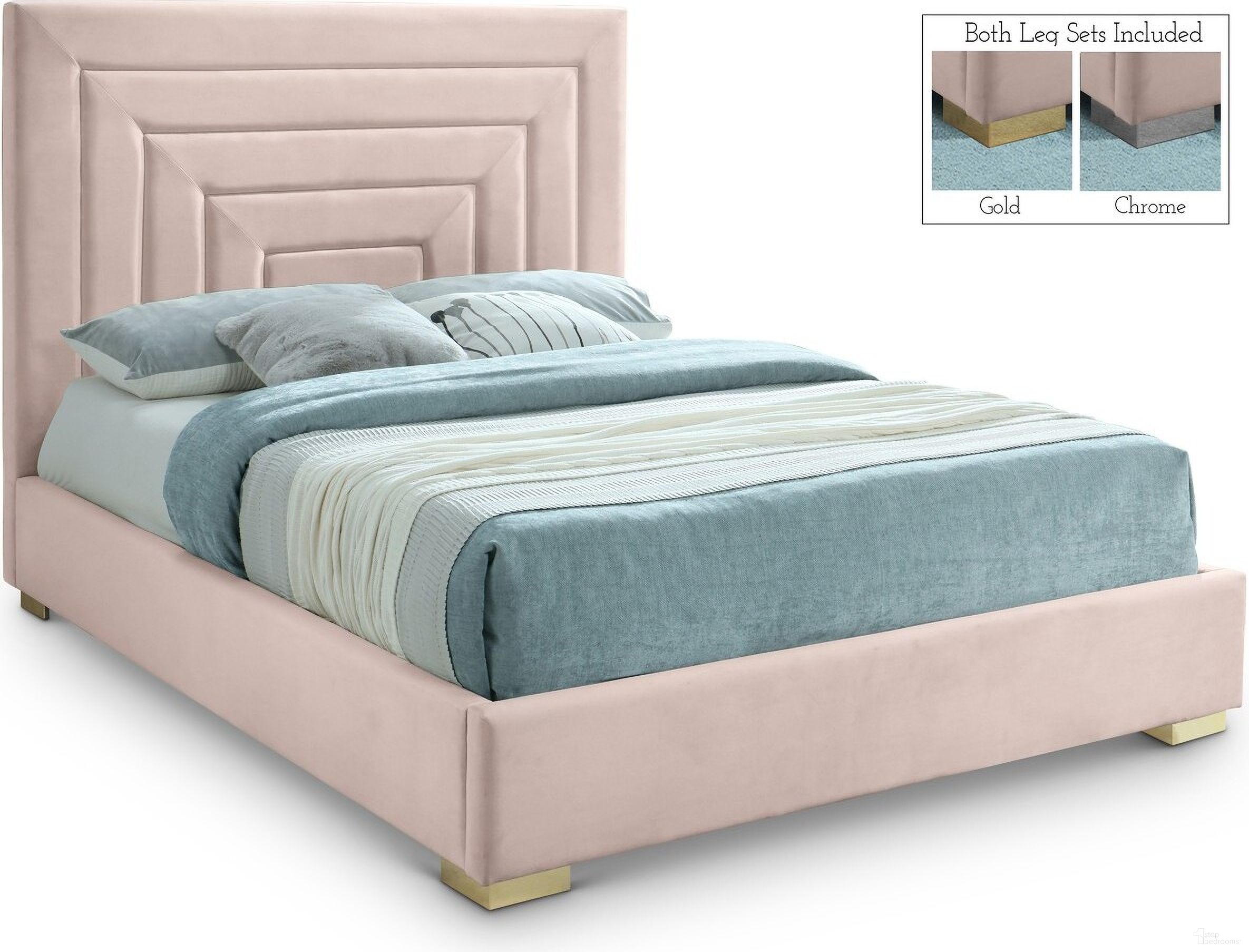 The appearance of Nora Velvet King Bed In Pink designed by Meridian in the modern / contemporary interior design. This pink piece of furniture was selected by 1StopBedrooms from Nora Collection to add a touch of cosiness and style into your home. Sku: NoraPink-K Box 1/2 (Headboard);NoraPink-K Box 2/2 (FB / Rails / Slats). Bed Type: Panel Bed. Bed Size: King. Material: Velvet.