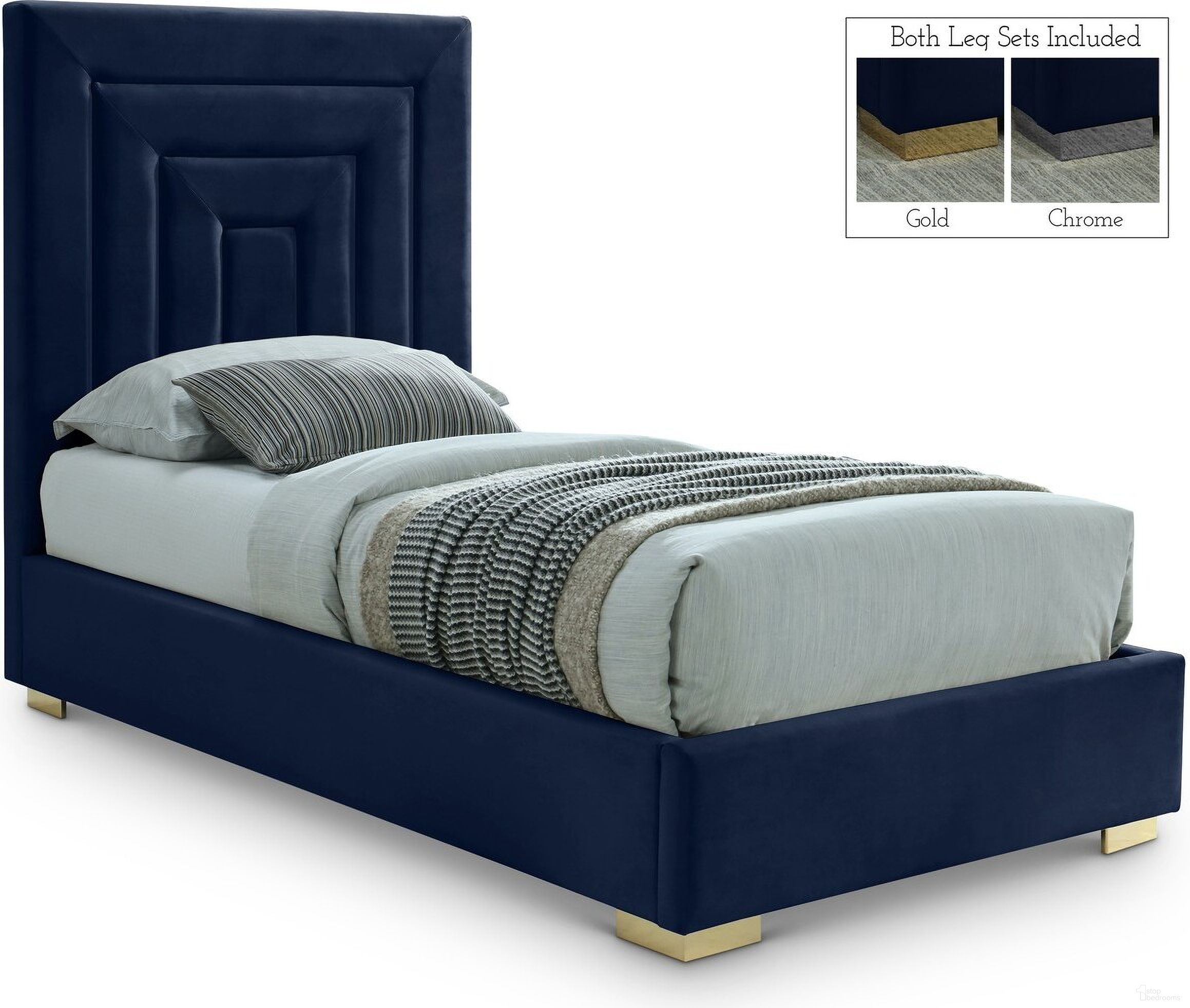 The appearance of Nora Velvet Twin Bed In Navy designed by Meridian in the modern / contemporary interior design. This navy piece of furniture  was selected by 1StopBedrooms from Nora Collection to add a touch of cosiness and style into your home. Sku: NoraNavy-T Box 1/2 (Headboard);NoraNavy-T Box 2/2 (FB / Rails / Slats). Bed Type: Panel Bed. Bed Size: Twin. Material: Velvet.