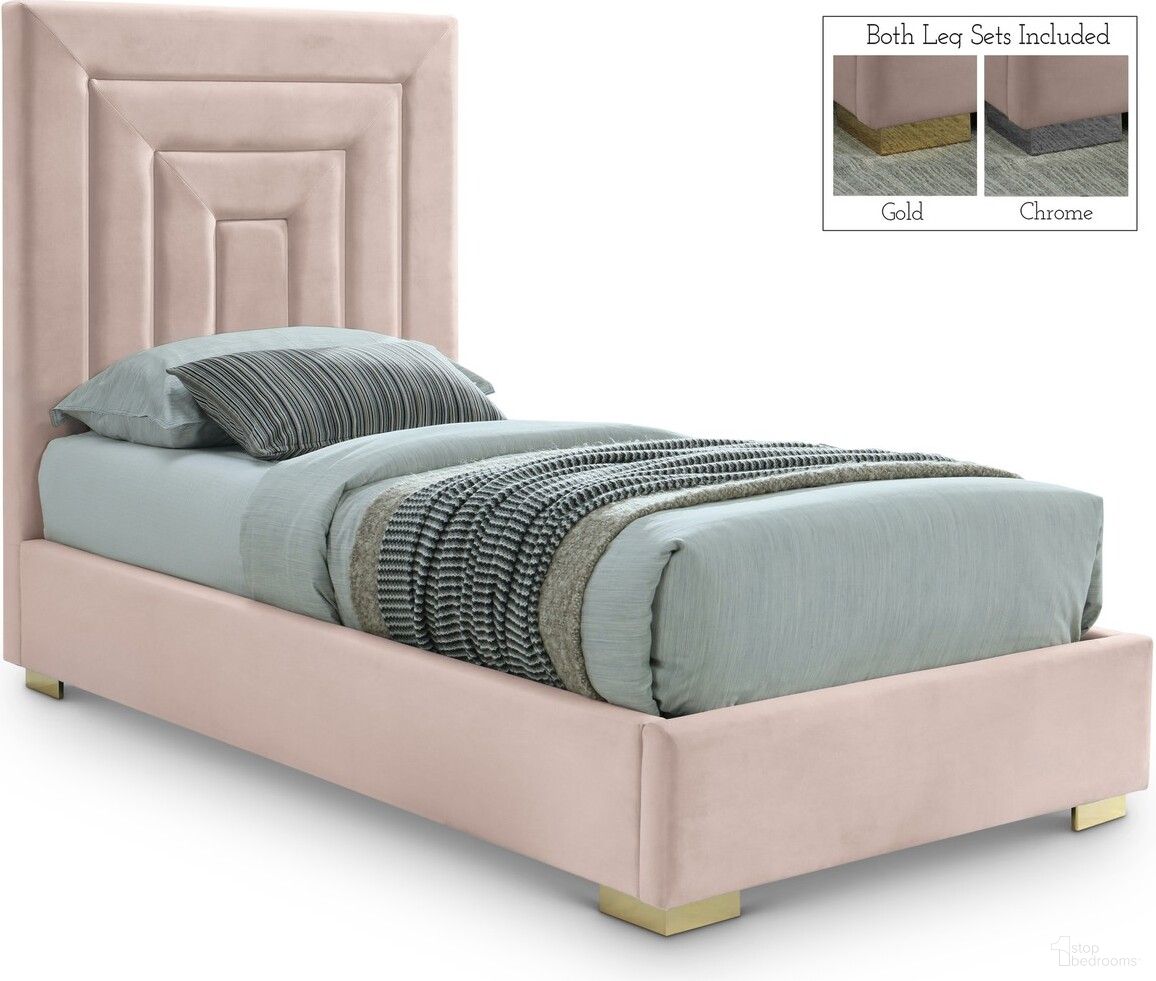 The appearance of Nora Velvet Twin Bed In Pink designed by Meridian in the modern / contemporary interior design. This pink piece of furniture  was selected by 1StopBedrooms from Nora Collection to add a touch of cosiness and style into your home. Sku: NoraPink-T Box 1/2 (Headboard);NoraPink-T Box 2/2 (FB / Rails / Slats). Bed Type: Panel Bed. Bed Size: Twin. Material: Velvet.