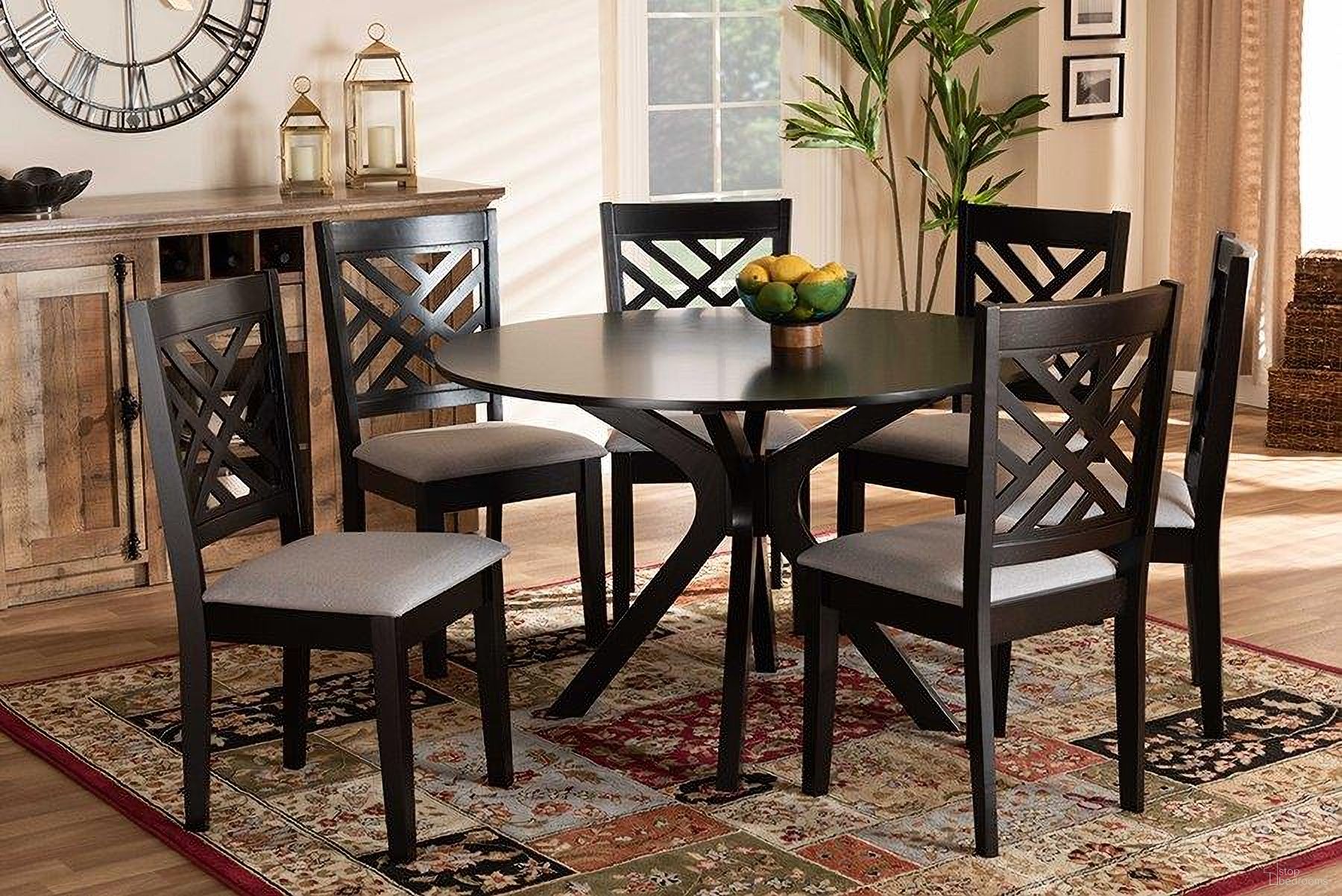 Norah Modern and Contemporary Grey Fabric Upholstered and Dark Brown Finished Wood 7-Piece Dining Set