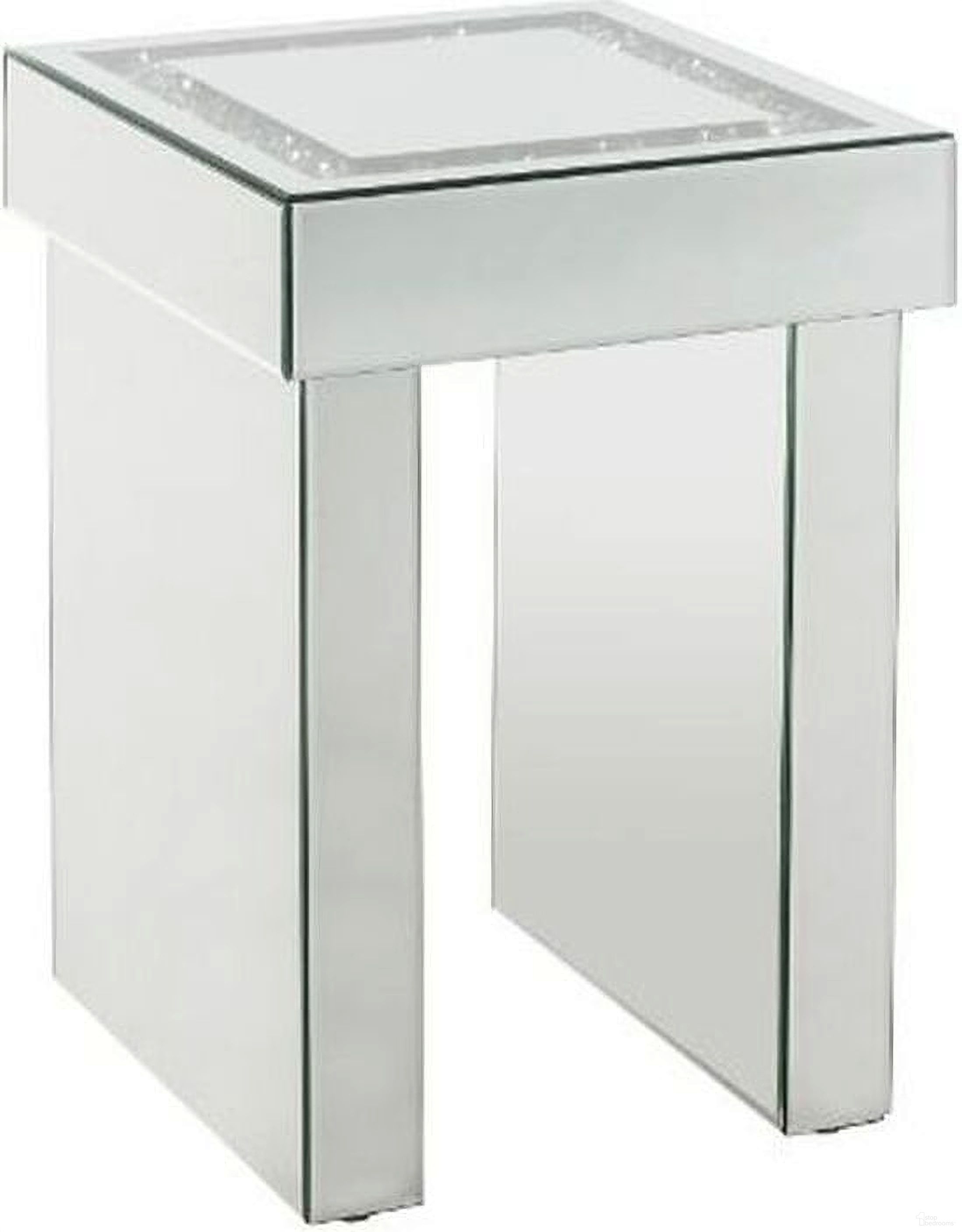The appearance of Noralie End Table with Sled Base In Mirrored And Faux Diamonds designed by ACME in the glam interior design. This diamond piece of furniture  was selected by 1StopBedrooms from Noralie Collection to add a touch of cosiness and style into your home. Sku: 84702. Material: Wood.