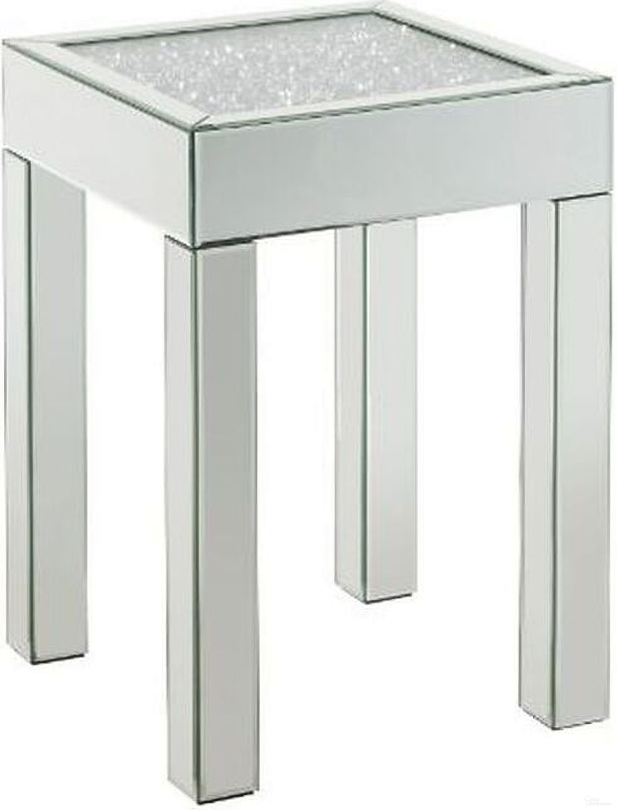 The appearance of Square Noralie End Table In Mirrored designed by ACME in the glam interior design. This mirrored piece of furniture  was selected by 1StopBedrooms from Noralie Collection to add a touch of cosiness and style into your home. Sku: 84707. Material: Wood.