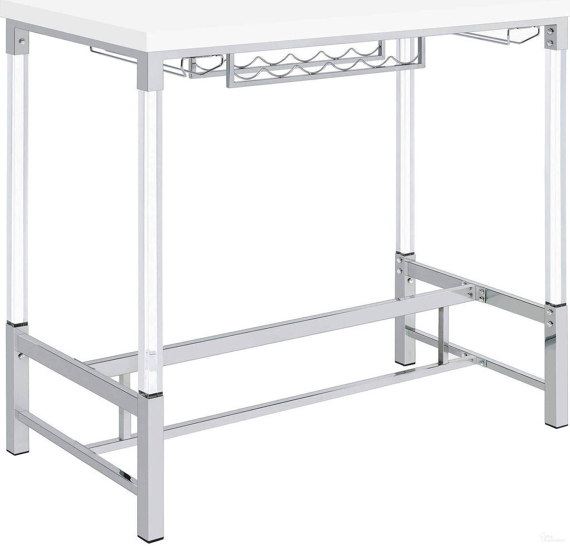 The appearance of Norcrest Pub Height Bar Table with Acrylic Legs and Wine Storage White High Gloss designed by Coaster in the modern / contemporary interior design. This white high gloss piece of furniture  was selected by 1StopBedrooms from Norcrest Collection to add a touch of cosiness and style into your home. Sku: 182101. Material: Wood. Table Top Shape: Rectangular.