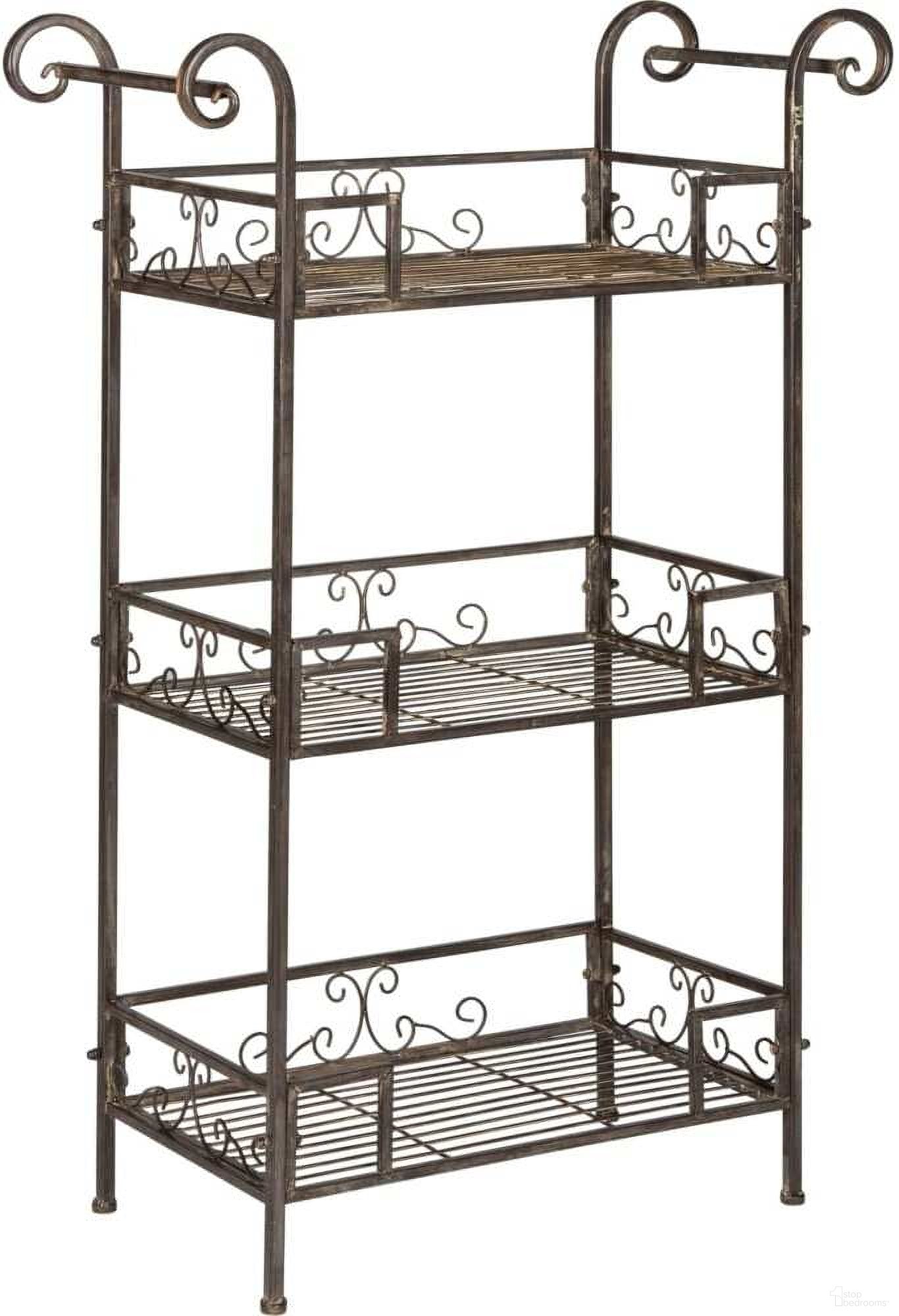 The appearance of Noreen Rustic Brown 3-Tier Shelf designed by Safavieh in the traditional interior design. This rustic brown piece of furniture  was selected by 1StopBedrooms from Noreen Collection to add a touch of cosiness and style into your home. Sku: PAT5006B. Material: Iron.