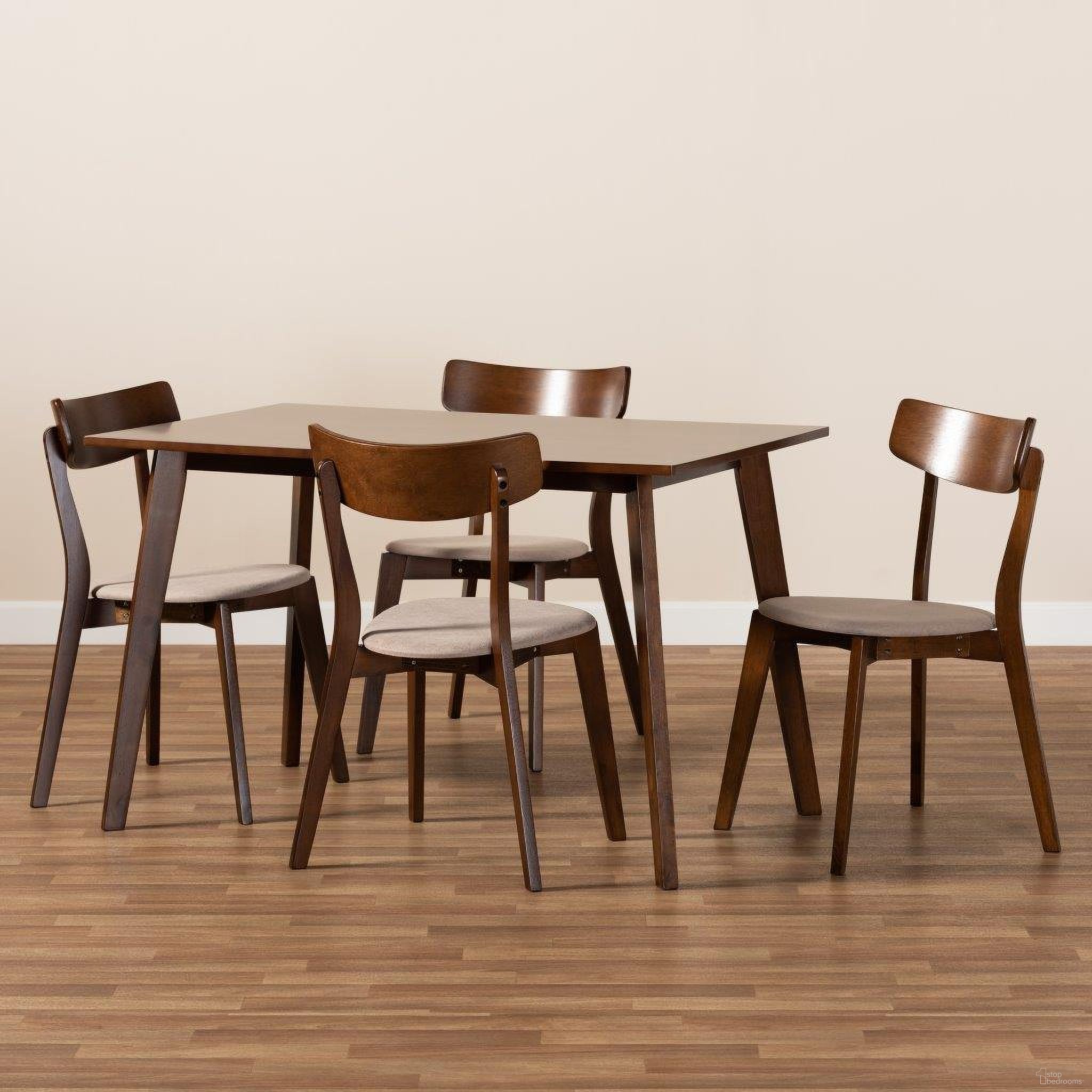 The appearance of Nori Mid-Century Modern Transitional Light Beige Fabric Upholstered and Walnut Brown Finished Wood 5-Piece Dining Set designed by Baxton Studio in the transitional interior design. This light beige piece of furniture was selected by 1StopBedrooms from Nori Collection to add a touch of cosiness and style into your home. Sku: Iora/Fiesta-Latte/Walnut-5PC Dining Set. Material: Rubberwood.