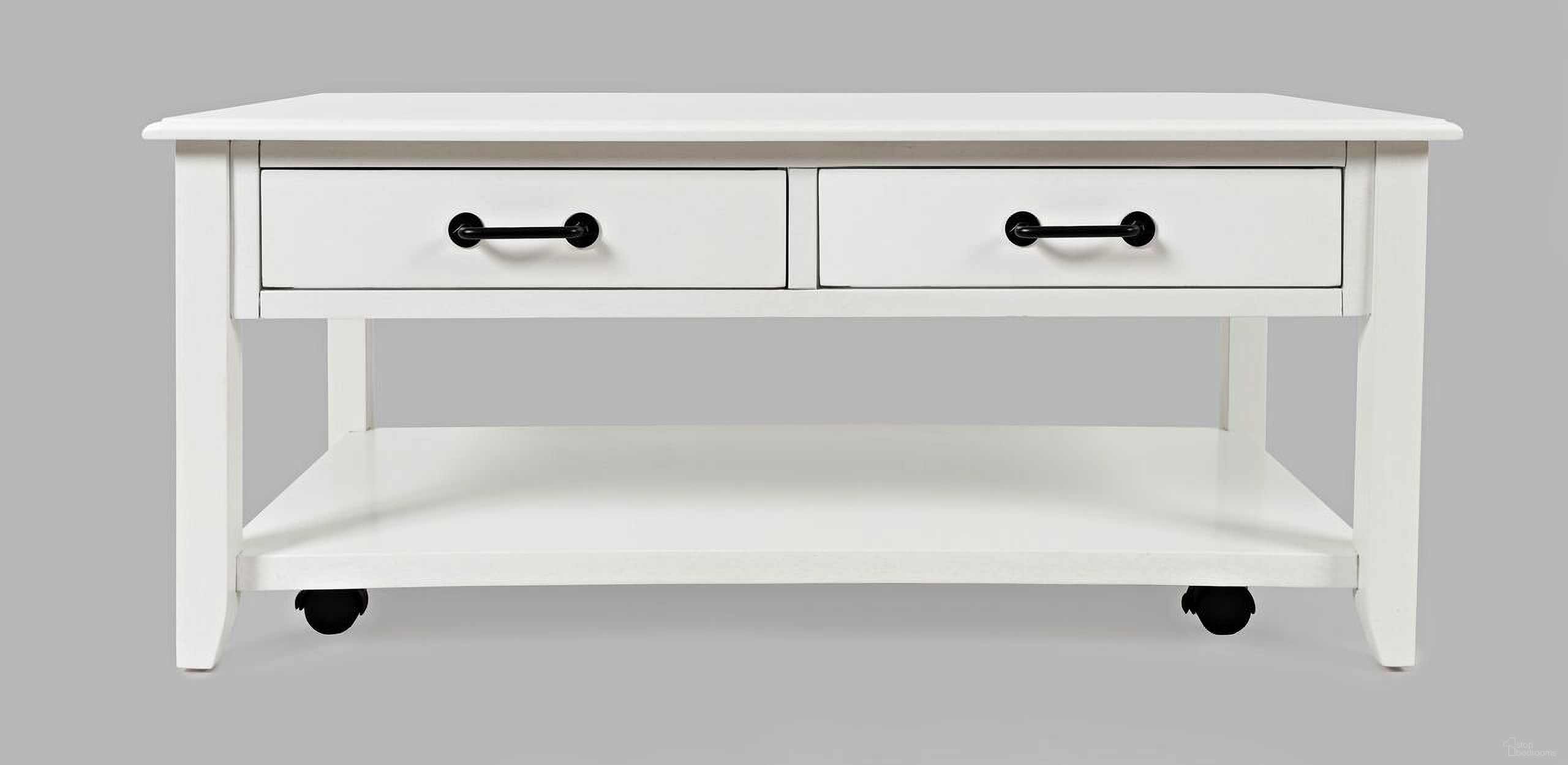 The appearance of North Fork 2 Drawer Coffee Table with Casters In Off White designed by Jofran in the country / farmhouse interior design. This off white piece of furniture  was selected by 1StopBedrooms from North Fork Collection to add a touch of cosiness and style into your home. Sku: 1976-1. Material: Acacia.