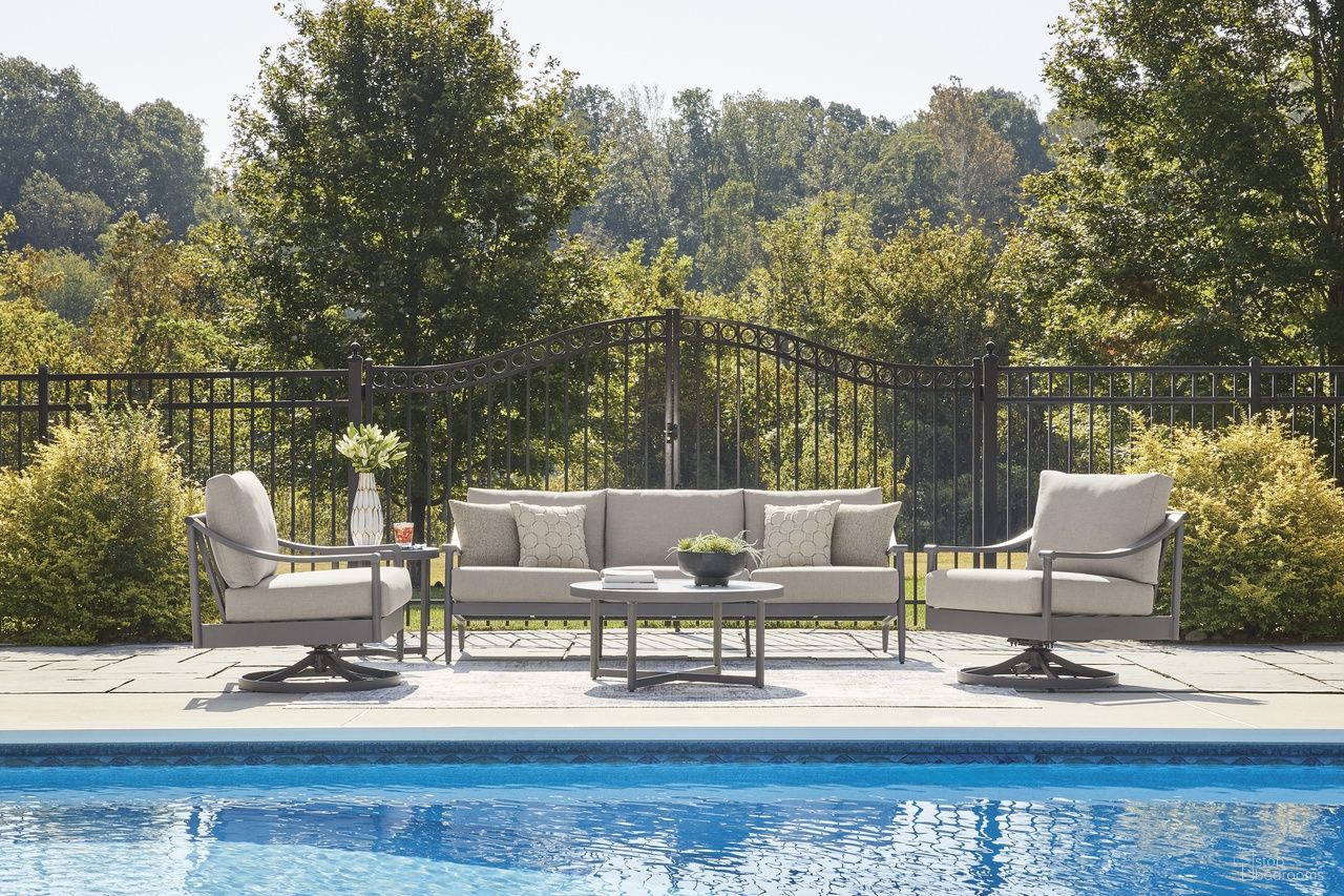 The appearance of North Island Outdoor Living Room Set with Cushion In Gray designed by Signature Design by Ashley in the modern / contemporary interior design. This gray piece of furniture was selected by 1StopBedrooms from North Island Collection to add a touch of cosiness and style into your home. Sku: P510-838;P510-835. Material: Fabric.