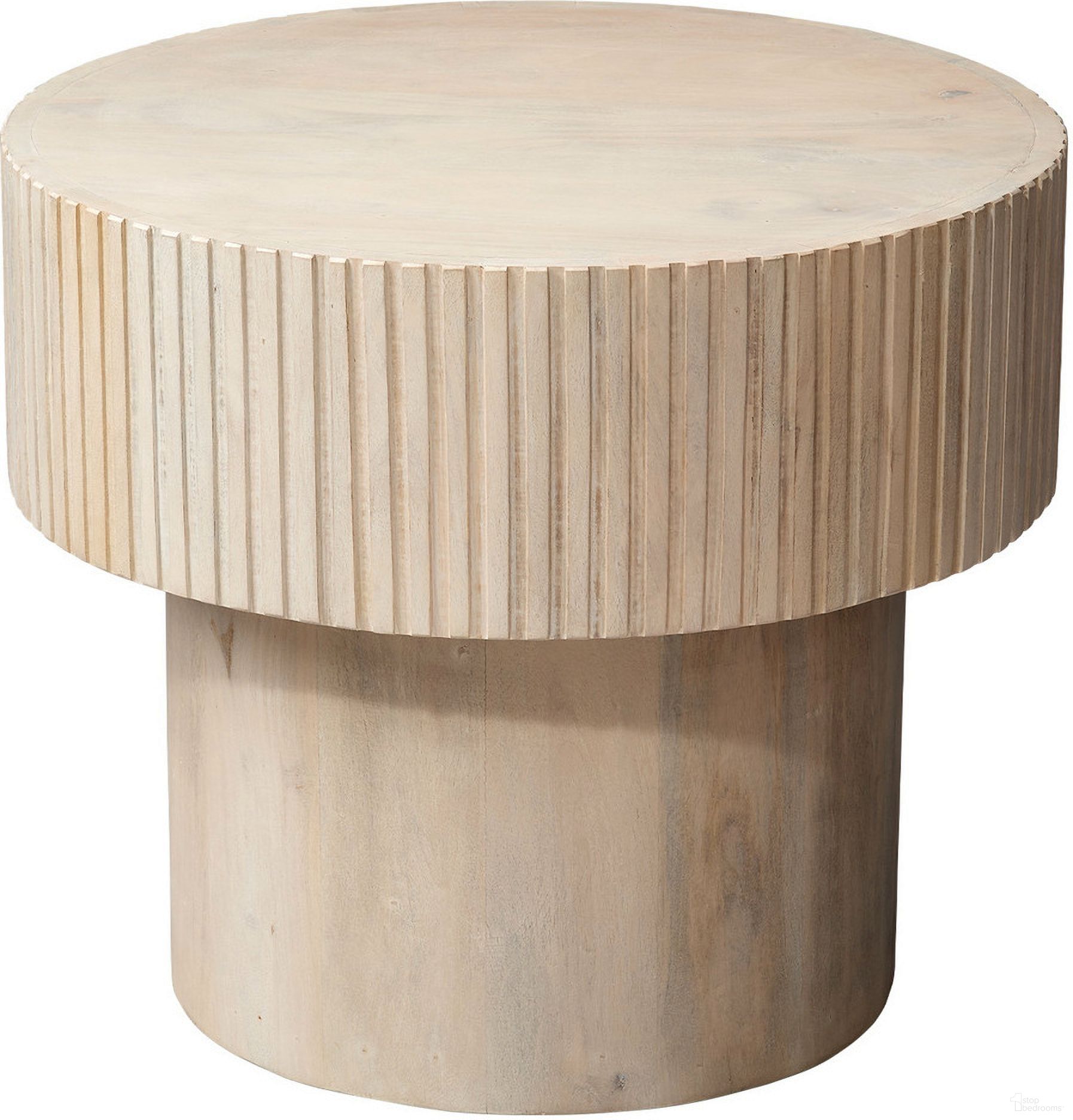 The appearance of Notch Mango Wood Round Side Table In White Bleach designed by Jamie Young Company in the modern / contemporary interior design. This white bleach piece of furniture  was selected by 1StopBedrooms from Notch Collection to add a touch of cosiness and style into your home. Sku: 20NOTC-RNBW. Material: Wood.