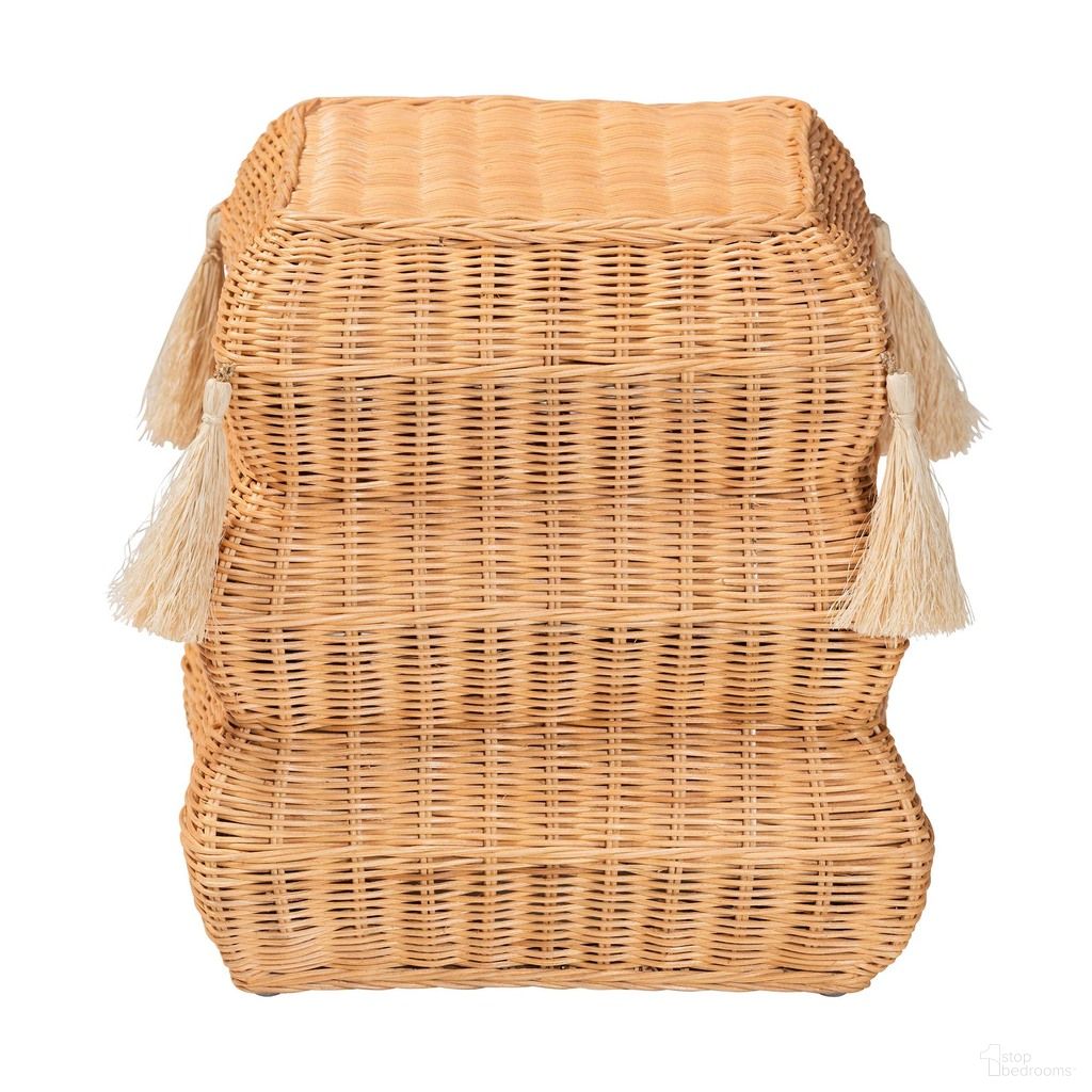 Noura Natural Rattan Footstool with Tassel Accents In Light Honey
