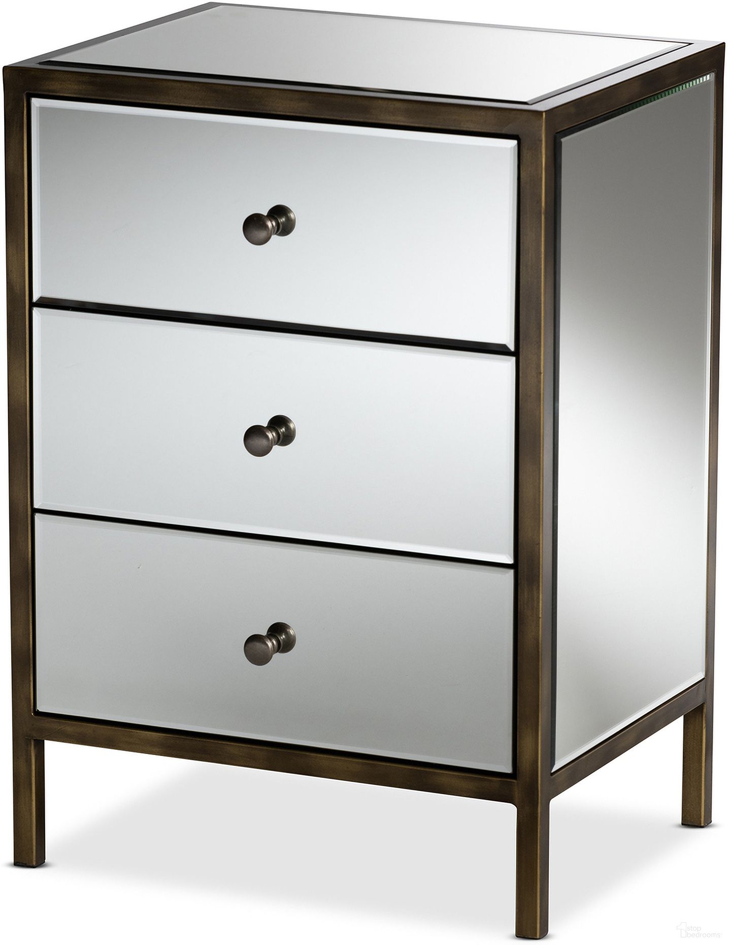 The appearance of Nouria Mirrored 3 Drawer End Table In Silver designed by Baxton Studio in the glam interior design. This silver piece of furniture  was selected by 1StopBedrooms from Nouria Collection to add a touch of cosiness and style into your home. Sku: RTB1368-1. Material: MDF.