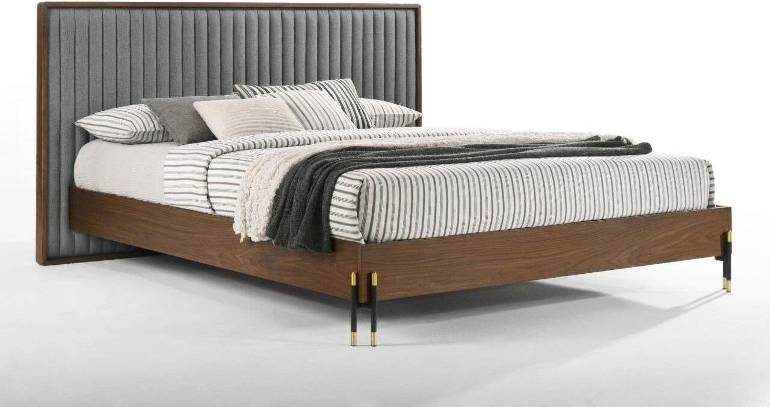 The appearance of Nova Domus Metcalf Eastern King Mid-Century Walnut And Grey Bed designed by VIG Furniture in the transitional interior design. This brown piece of furniture  was selected by 1StopBedrooms from Nova Domus Metcalf Collection to add a touch of cosiness and style into your home. Sku: VGMABR-120-WAL-BED-EK. Bed Type: Platform Bed. Material: Fabric. Bed Size: King.