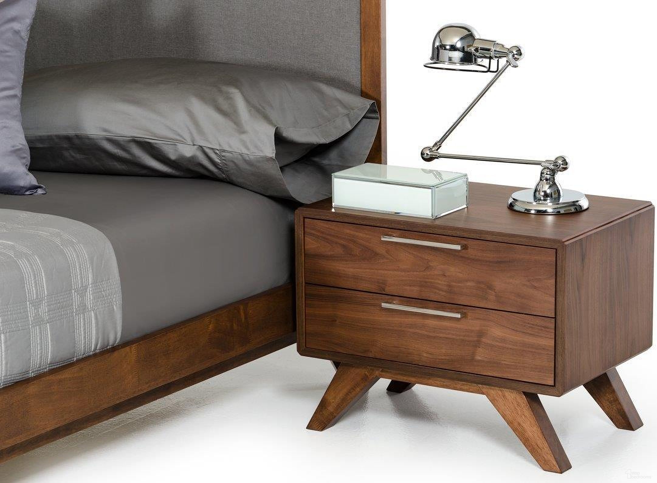 The appearance of Nova Domus Soria Mid-Century Walnut Nightstand designed by VIG Furniture in the transitional interior design. This walnut piece of furniture  was selected by 1StopBedrooms from Nova Domus Soria Collection to add a touch of cosiness and style into your home. Sku: VGMABR-32-NS. Material: Stainless Steel.