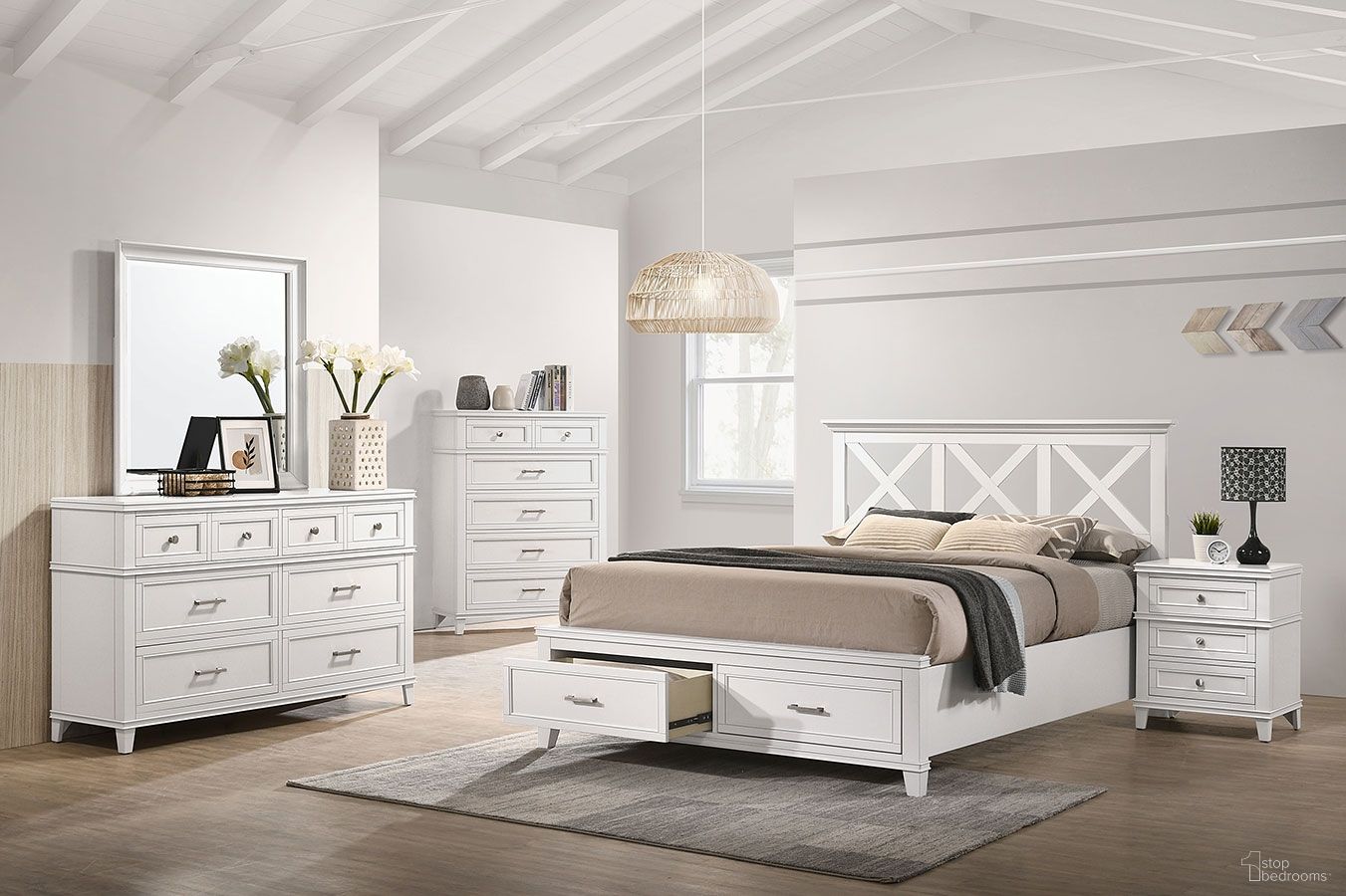 The appearance of Nova II Storage Bedroom Set In White designed by Bernell in the transitional interior design. This white piece of furniture was selected by 1StopBedrooms from Nova II Collection to add a touch of cosiness and style into your home. Sku: 1280-110;1280-122. Material: Wood. Bed Size: King.