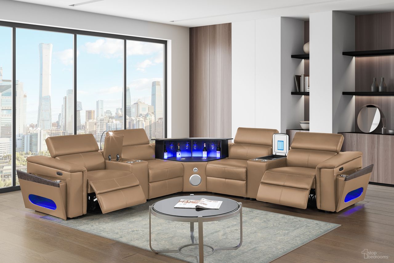 Nova Sectional with 2 Reading Light and Fridge Consoles In Caramel