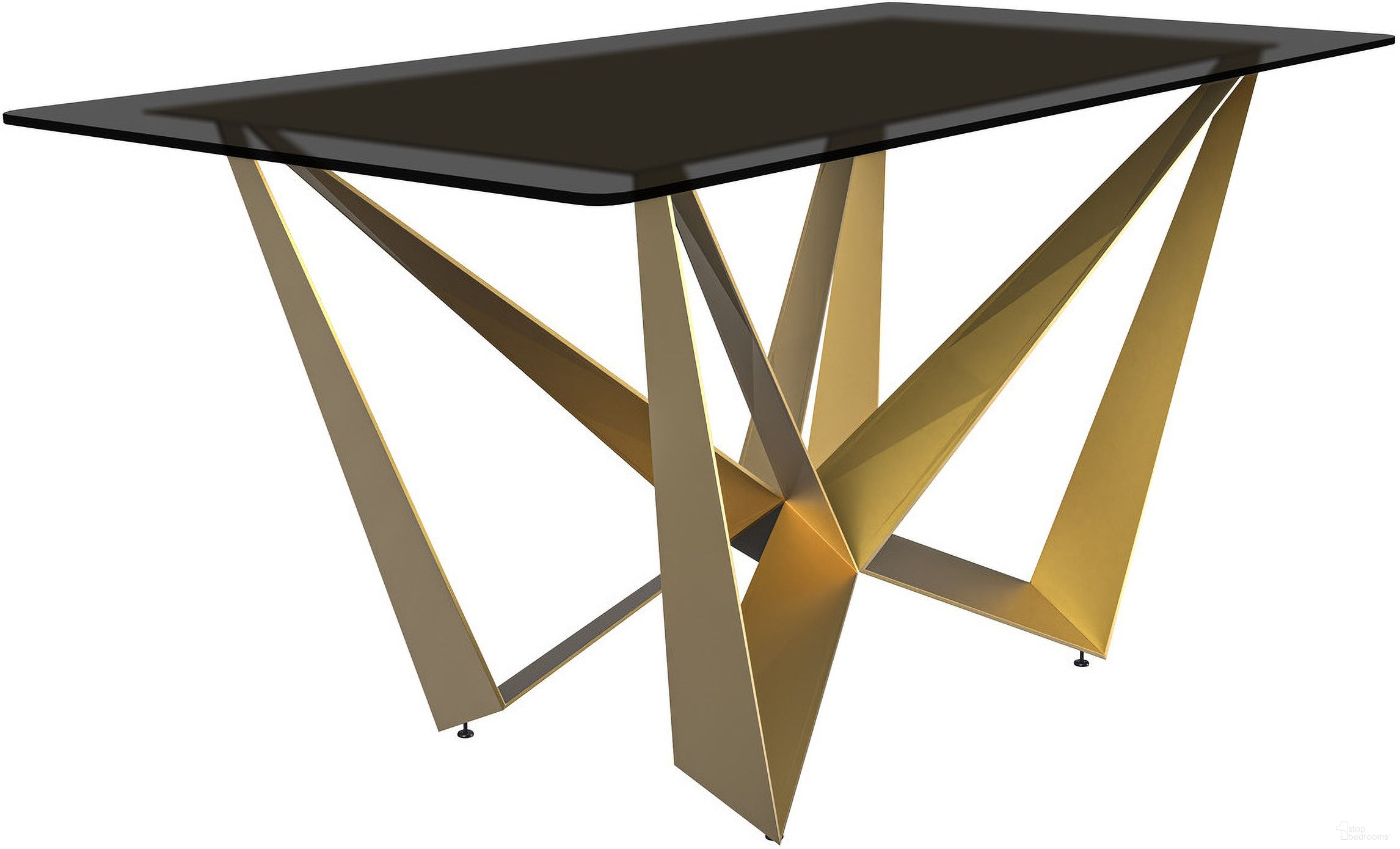 The appearance of Nuvor 55 Inch Dining Table In Gold and Black designed by LeisureMod in the transitional interior design. This gold/black piece of furniture  was selected by 1StopBedrooms from Nuvor Collection to add a touch of cosiness and style into your home. Sku: NTG-55BL-G. Table Base Style: Double Pedestal. Material: Steel. Table Top Shape: Rectangular. Size: 32" x 55".
