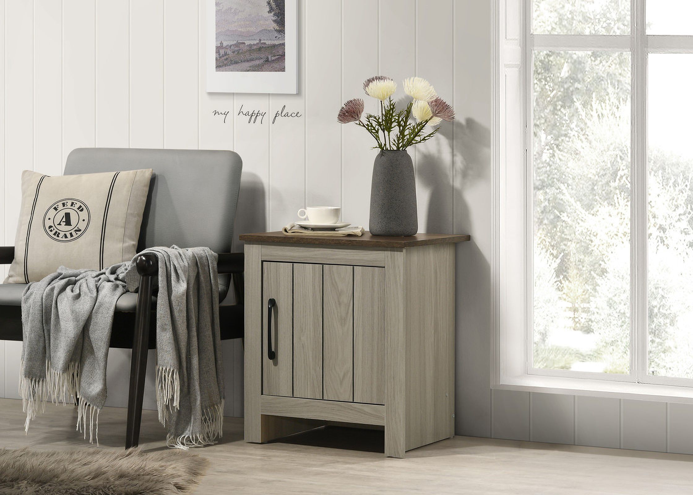 The appearance of Nyla 16 Inch End Table with Cabinet Door In Gray Oak designed by Lilola Home in the modern / contemporary interior design. This gray oak piece of furniture  was selected by 1StopBedrooms from Nyla Collection to add a touch of cosiness and style into your home. Sku: 97017. Material: Wood.