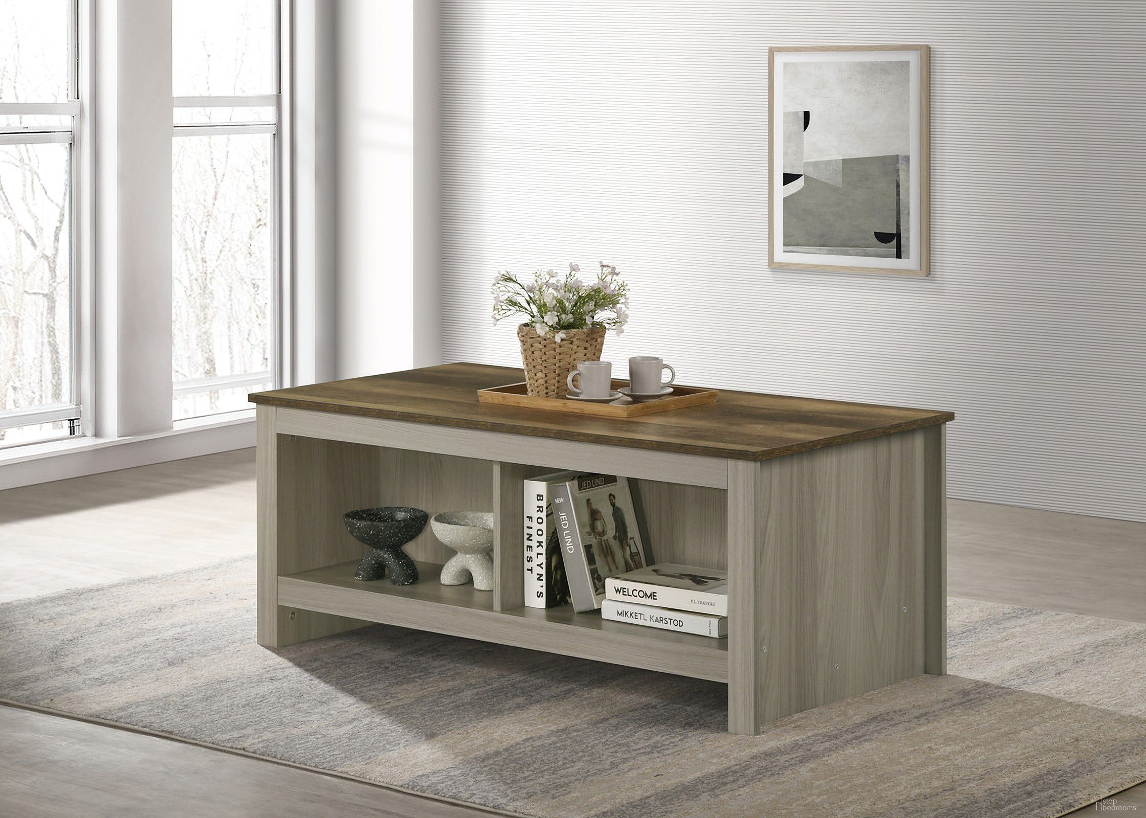 The appearance of Nyla 43 Inch Coffee Table with Open Shelves Front and Back In Gray Oak designed by Lilola Home in the modern / contemporary interior design. This gray oak piece of furniture  was selected by 1StopBedrooms from Nyla Collection to add a touch of cosiness and style into your home. Sku: 97018. Material: Wood.