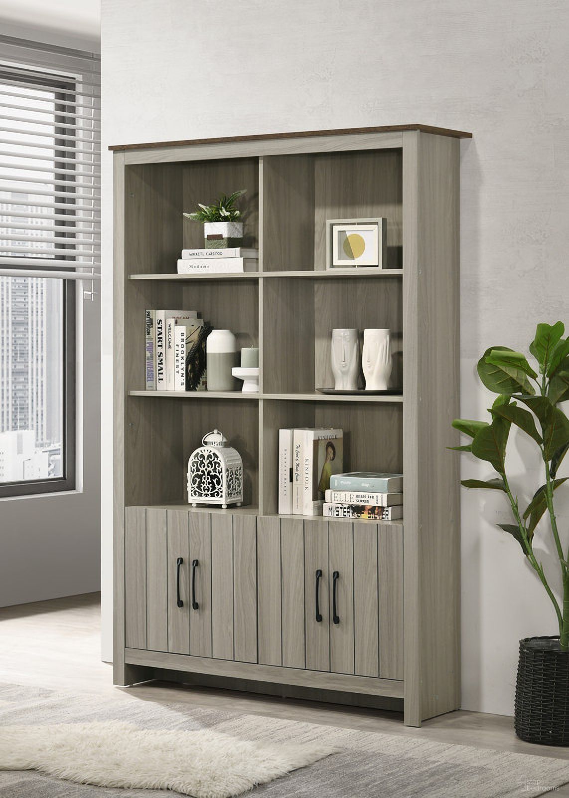 The appearance of Nyla 47 Inch Bookcase Shelf with Cabinet Doors In Gray Oak designed by Lilola Home in the modern / contemporary interior design. This gray oak piece of furniture  was selected by 1StopBedrooms from Nyla Collection to add a touch of cosiness and style into your home. Sku: 97015-PAN;97015-DOOR. Material: Wood.