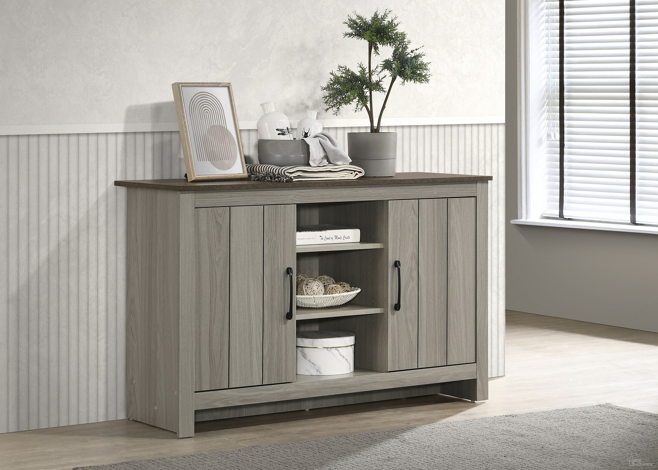 The appearance of Nyla 47 Inch Console Table, Buffet Table, Sideboard with Shelves and Cabinet Doors In Gray Oak designed by Lilola Home in the modern / contemporary interior design. This gray oak piece of furniture  was selected by 1StopBedrooms from Nyla Collection to add a touch of cosiness and style into your home. Sku: 97016-PAN;97016-ACC. Material: Wood.
