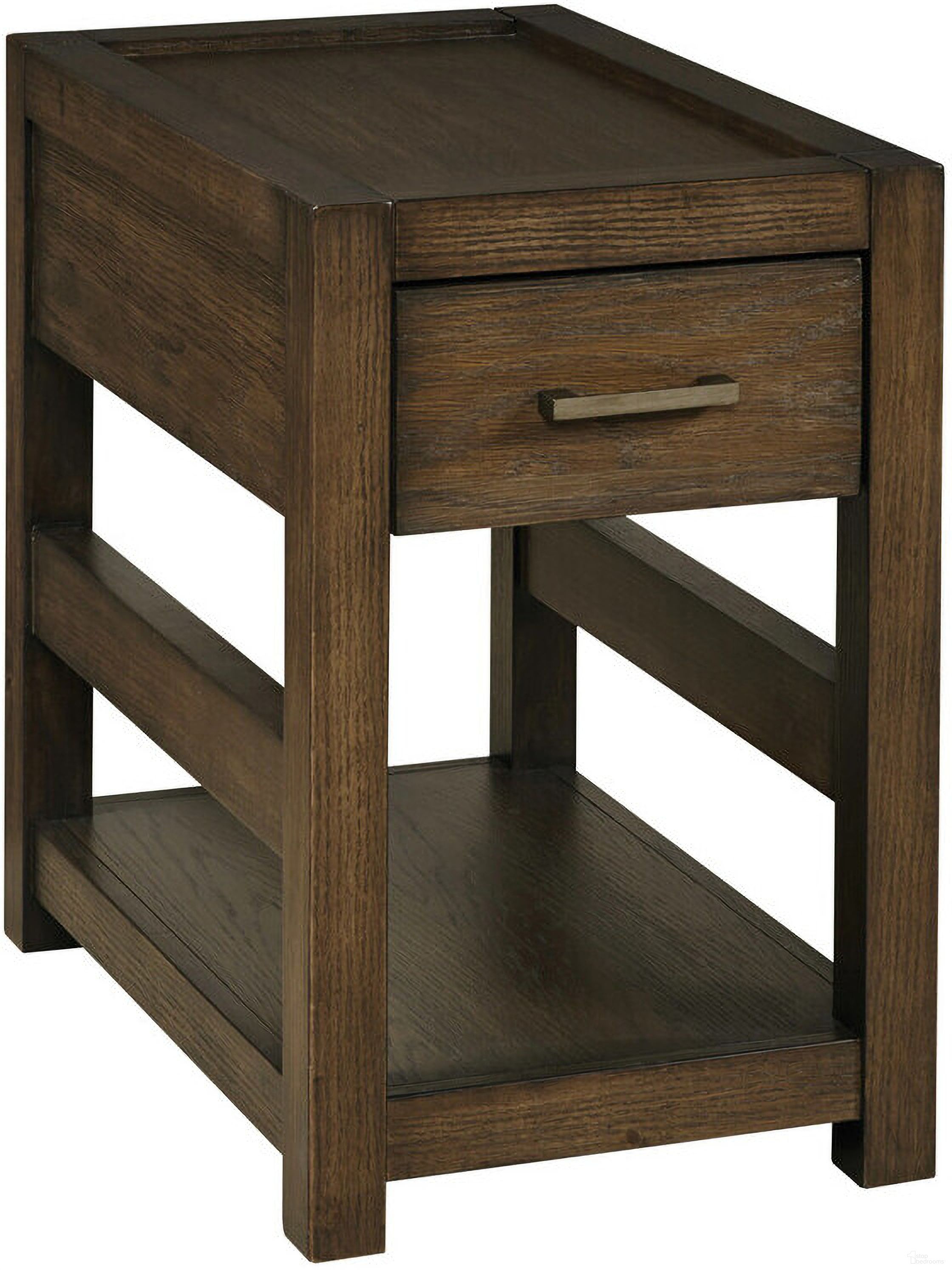 The appearance of Nyles Rectangular Drawer Chairside Table In Cocoa designed by Hammary in the modern / contemporary interior design. This cocoa piece of furniture  was selected by 1StopBedrooms from Nyles Collection to add a touch of cosiness and style into your home. Sku: 209-916. Material: Wood.