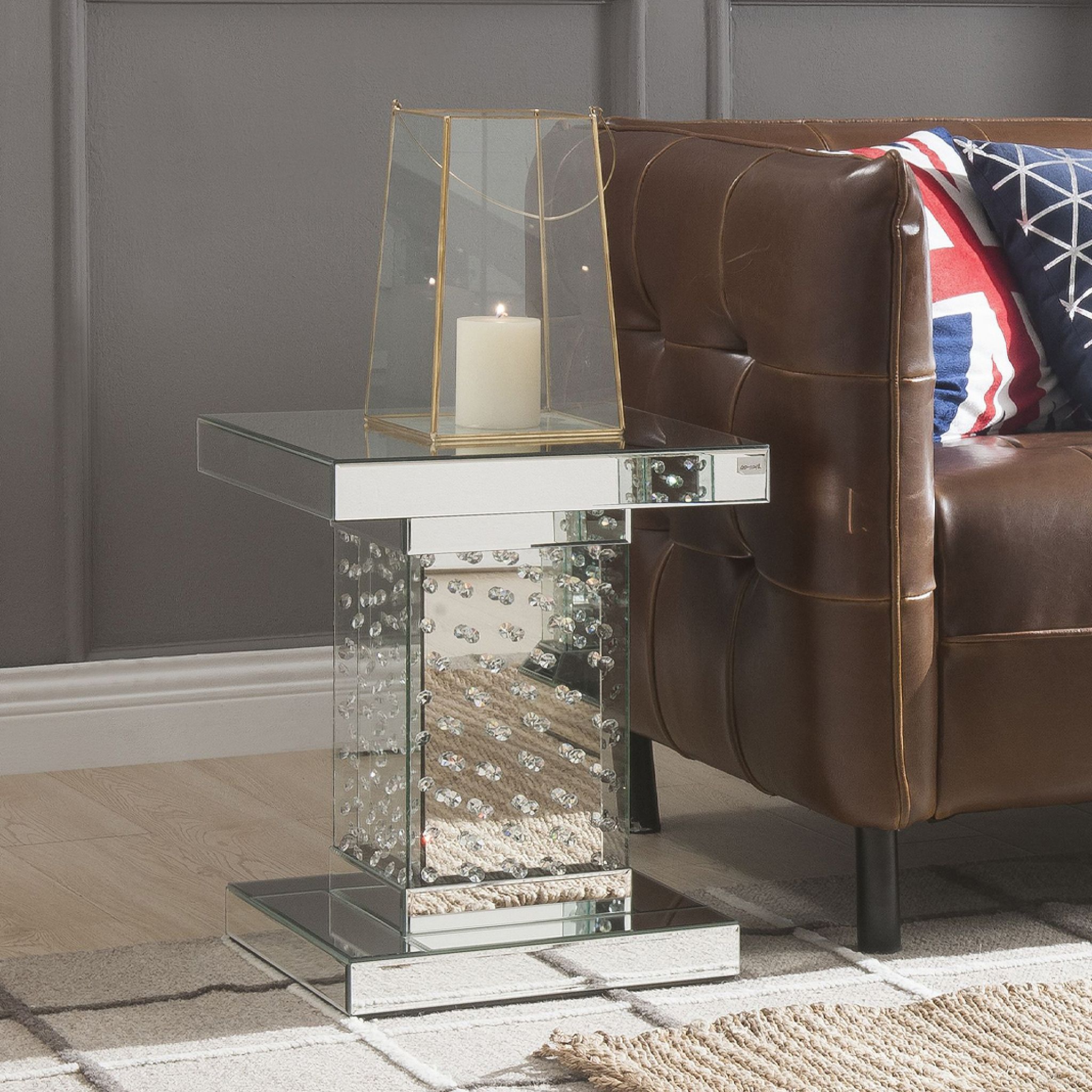 The appearance of Nysa Mirrored and Faux Crystals Square End Table In Silver designed by ACME in the glam interior design. This silver piece of furniture  was selected by 1StopBedrooms from Nysa Collection to add a touch of cosiness and style into your home. Sku: 80284. Material: Wood.
