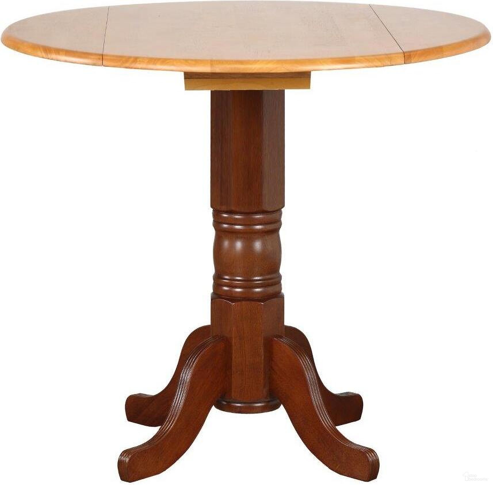 The appearance of Oak Selections Four Size Round Drop Leaf Pub Table In Medium Walnut Brown with Light Oak designed by Sunset Trading in the modern / contemporary interior design. This medium walnut brown with light oak piece of furniture was selected by 1StopBedrooms from Oak Selections Collection to add a touch of cosiness and style into your home. Sku: DLU-TPD-4242-NLO-T;DLU-TPD-4242-NLO-CB. Table Top Shape: Round. Material: Wood.