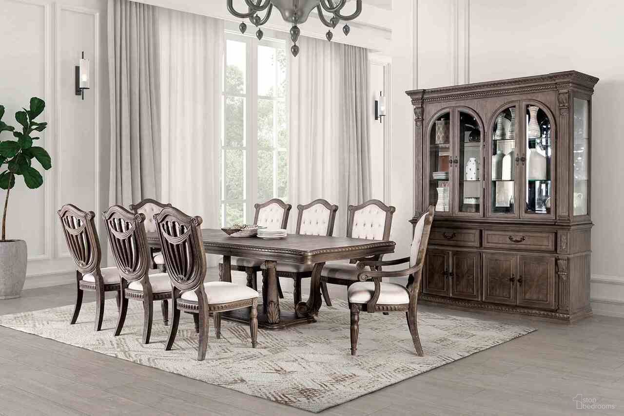 The appearance of Oakham Dining Table In Weathered Oak designed by Furniture of America in the rustic / southwestern interior design. This weathered oak piece of furniture was selected by 1StopBedrooms from Oakham Collection to add a touch of cosiness and style into your home. Sku: FM3418AK-T-1;FM3418AK-T-2. Table Base Style: Trestle. Table Top Shape: Rectangular. Size: 46" x 108". Material: Solid Wood.