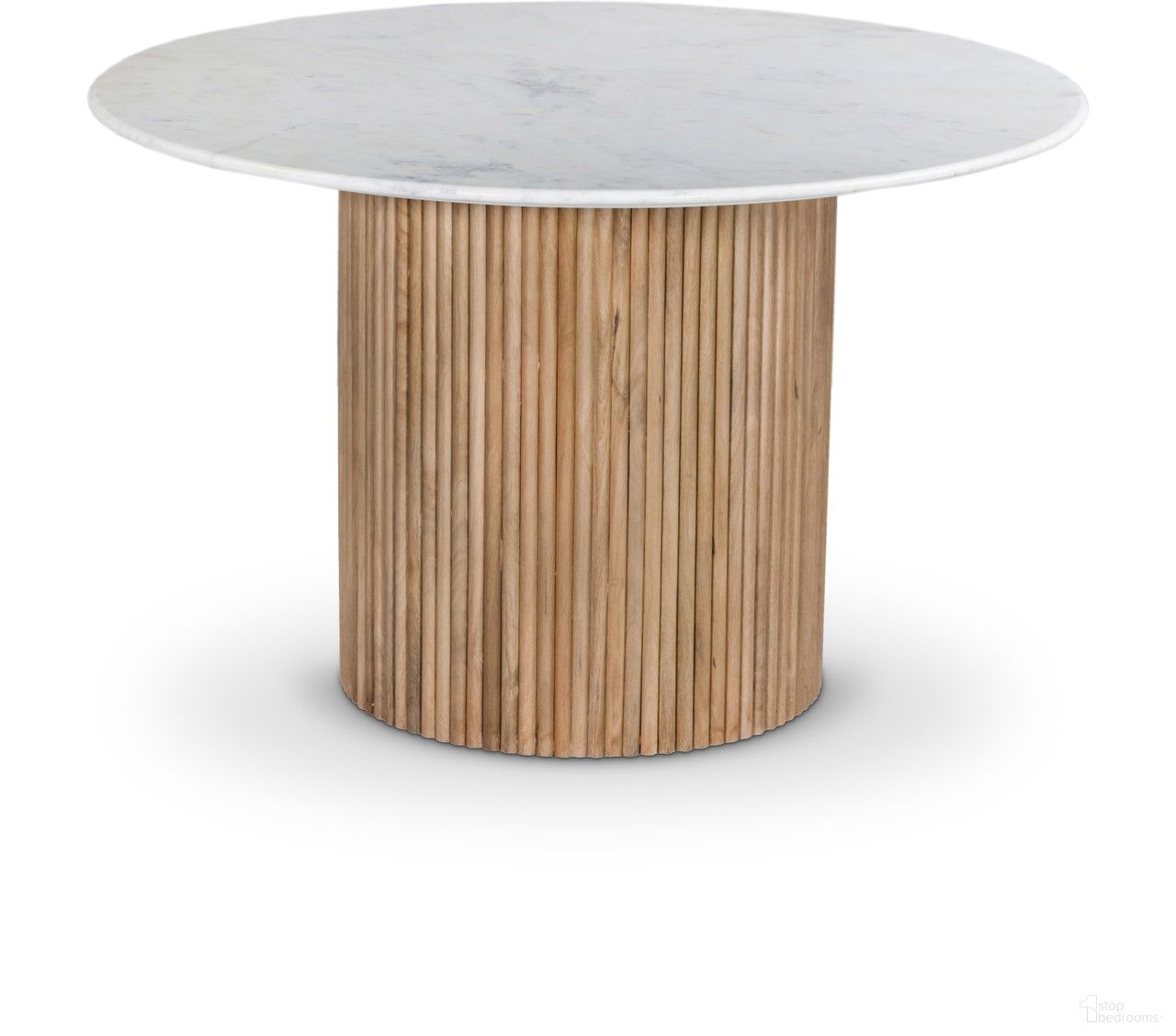The appearance of Oakhill Dining Table In Natural designed by Meridian in the modern / contemporary interior design. This natural piece of furniture  was selected by 1StopBedrooms from Oakhill Collection to add a touch of cosiness and style into your home. Sku: 757-T Box 1/2 (Marble Top);757-T Box 2/2 (Base). Table Base Style: Pedestal. Table Top Shape: Round. Material: Wood. Size: 47".