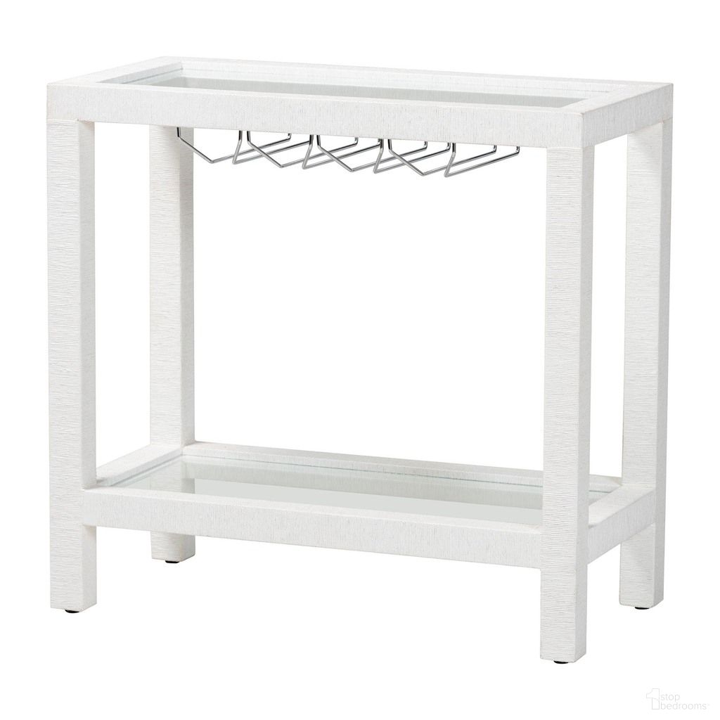 The appearance of Oaklynn Natural Grasscloth Wine Rack In White designed by Baxton Studio in the modern / contemporary interior design. This white piece of furniture  was selected by 1StopBedrooms from Oaklynn Collection to add a touch of cosiness and style into your home. Sku: FBS202A-S347 White/6mmRegGlass-Wine Rack. Material: Raffia.