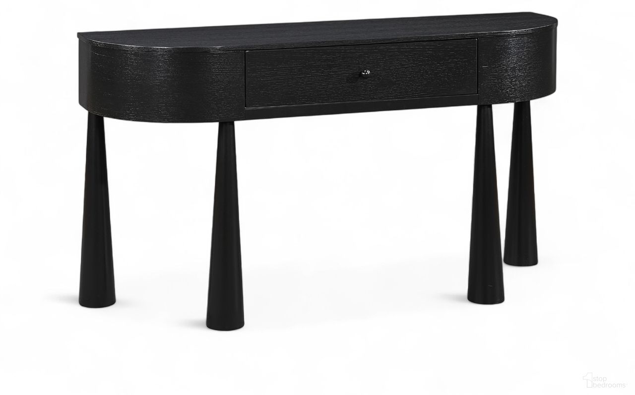 The appearance of Oasis Acacia Veneer and Solid Wood Console Table In Black designed by Meridian in the transitional interior design. This black piece of furniture was selected by 1StopBedrooms from Oasis Collection to add a touch of cosiness and style into your home. Sku: 809Black-T. Material: Acacia.