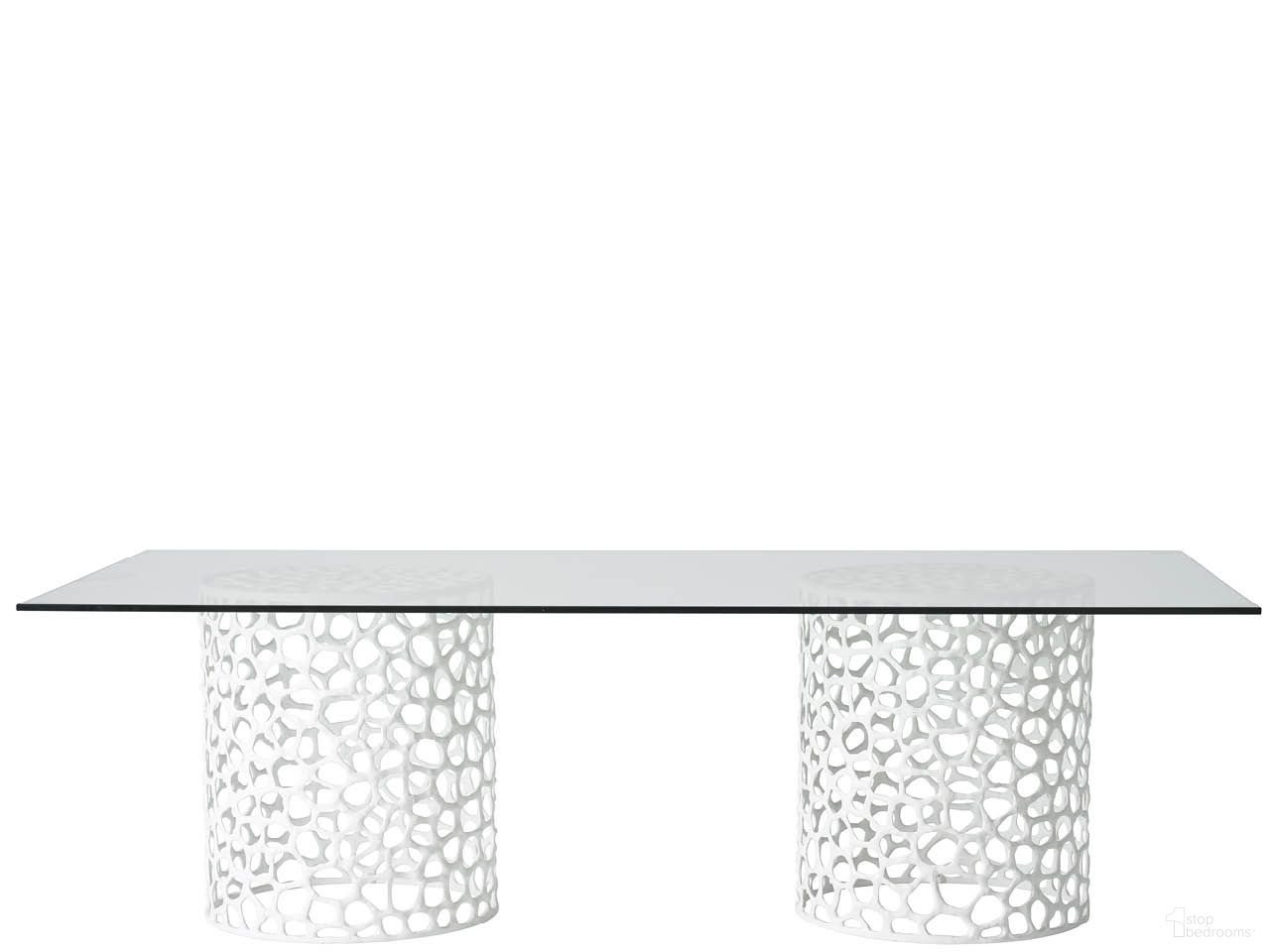 The appearance of Oasis Rectangle Dining Table In White designed by Universal in the modern / contemporary interior design. This white piece of furniture was selected by 1StopBedrooms from Oasis Collection to add a touch of cosiness and style into your home. Sku: U533658. Table Base Style: Double Pedestal. Material: Glass. Table Top Shape: Rectangular. Size: 50" x 100".