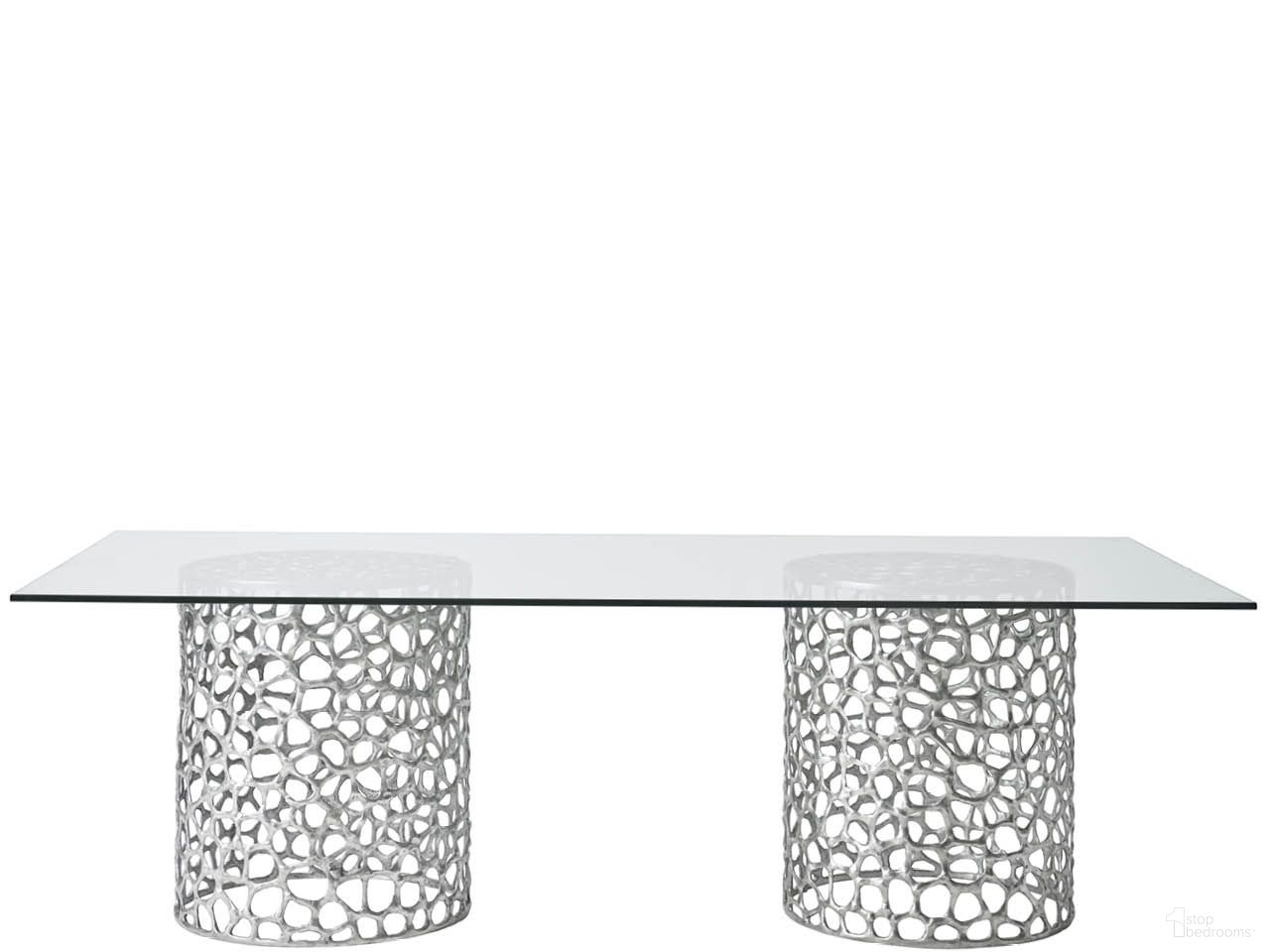The appearance of Oasis Retangle Dining Table In Antique Nickel designed by Universal in the modern / contemporary interior design. This antique nickel piece of furniture was selected by 1StopBedrooms from Oasis Collection to add a touch of cosiness and style into your home. Sku: U533658N. Table Base Style: Double Pedestal. Material: Glass. Table Top Shape: Rectangular. Size: 50" x 100".