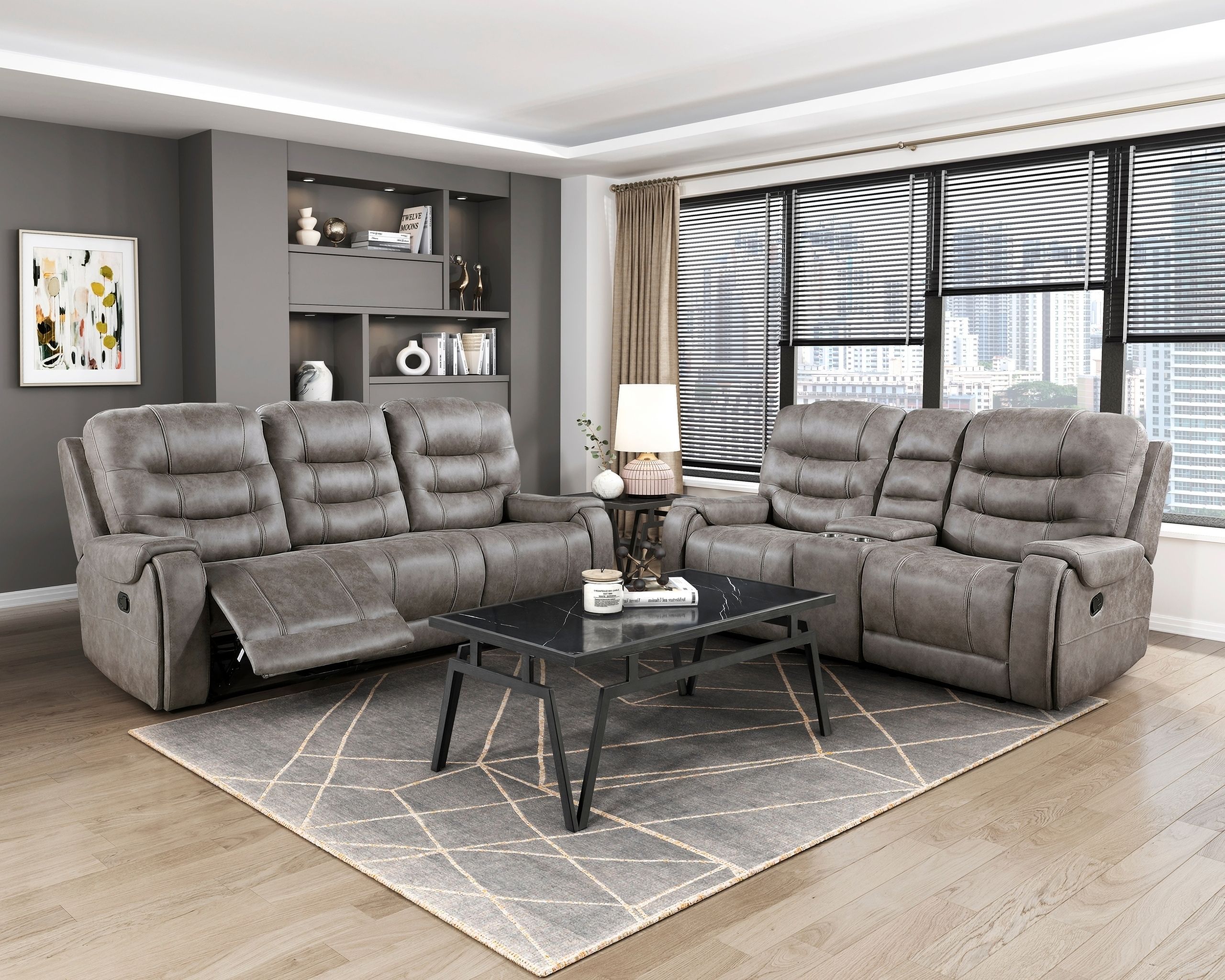 The appearance of Oberon Double Reclining Living Room Set In Brown and Gray designed by Homelegance in the modern / contemporary interior design. This brown and gray piece of furniture was selected by 1StopBedrooms from Oberon Collection to add a touch of cosiness and style into your home. Sku: 9634GBR-3;9634GBR-2. Material: Microfiber.