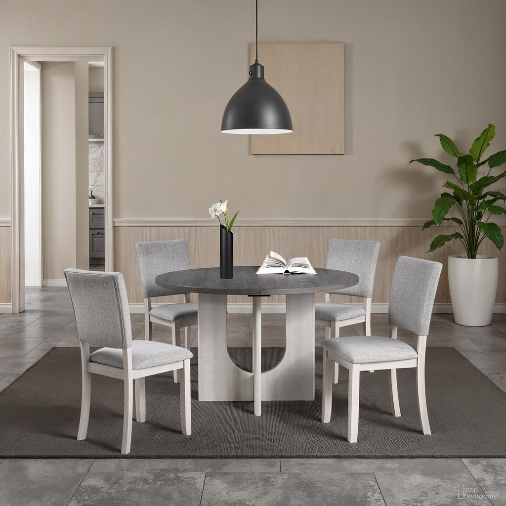 The appearance of Oberto Round Dining Room Set In Gray designed by Furniture of America in the transitional interior design. This gray piece of furniture was selected by 1StopBedrooms from Oberto Collection to add a touch of cosiness and style into your home. Sku: SL3406GY-RT;SL3406GY-SC-4PK. Table Top Shape: Round. Material: Engineered Wood. Size: 47".