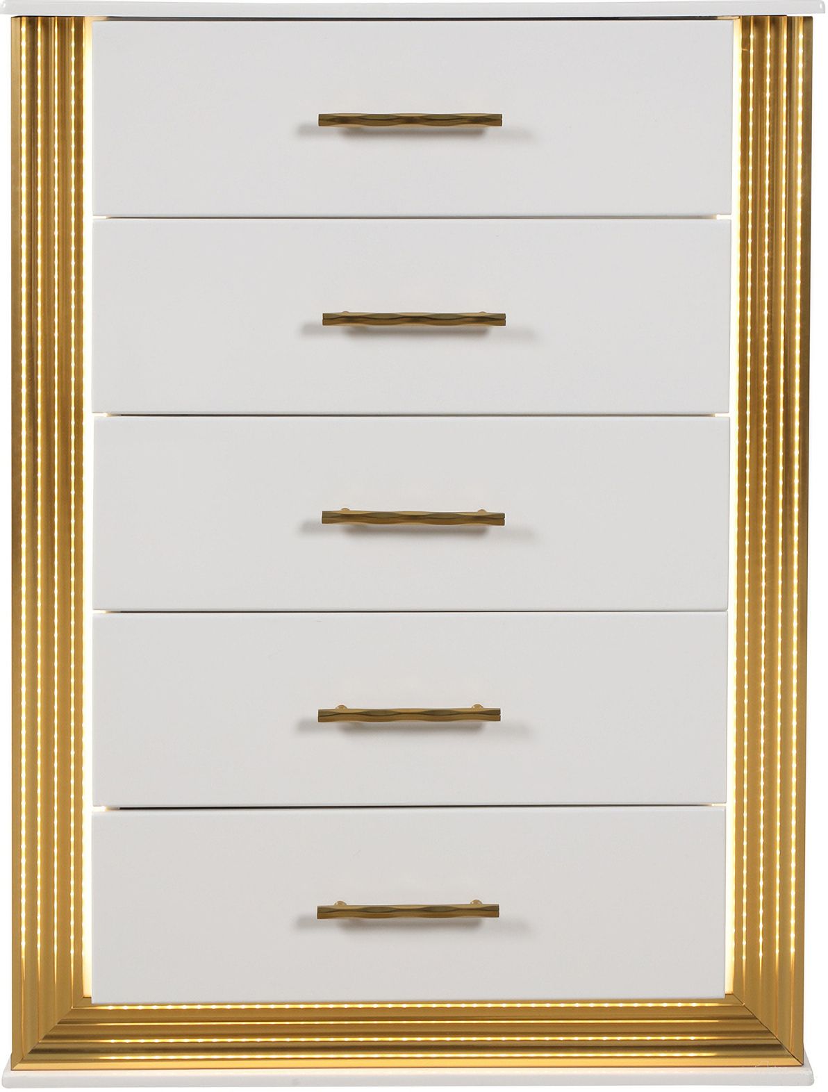 The appearance of Obsession 5-Drawer Chest Made with Wood In White designed by Galaxy Home Furnishings in the modern / contemporary interior design. This white piece of furniture  was selected by 1StopBedrooms from Obsession Collection to add a touch of cosiness and style into your home. Sku: 698781085318. Material: Wood.