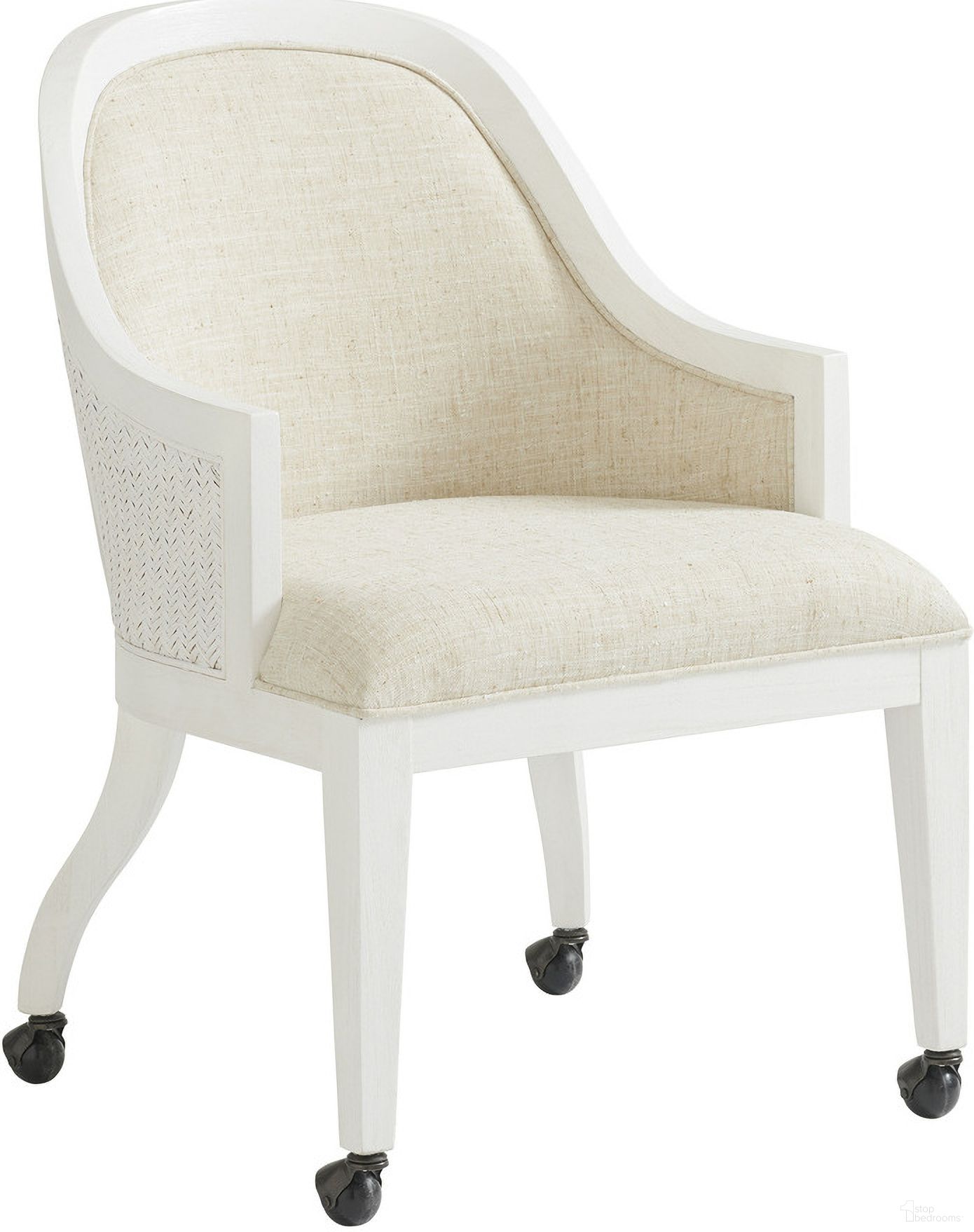 The appearance of Ocean Breeze Bayview Arm Chair with Casters In Sand 01-0570-887-01 designed by Tommy Bahama in the transitional interior design. This sand piece of furniture  was selected by 1StopBedrooms from Ocean Breeze Collection to add a touch of cosiness and style into your home. Sku: 570-887-01. Material: Wood. Chair Type: Arm Chair.